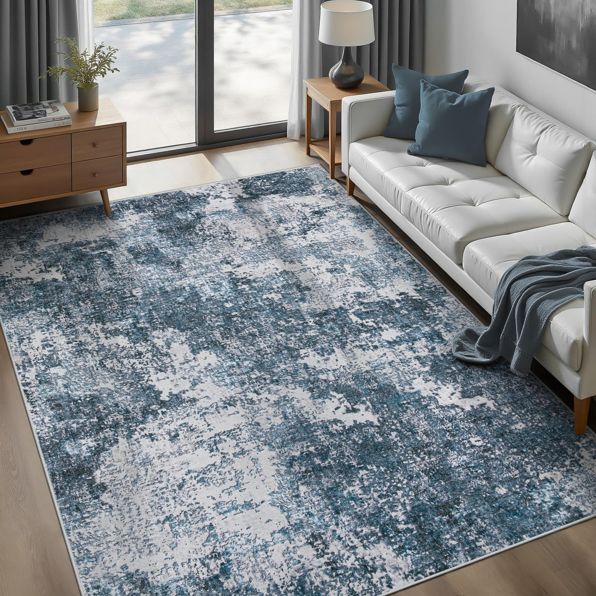 pmtsns Area Rugs 8x10 for Living Room: Washable Rug Modern Abstract Neutral Soft Non-Slip Low-Pile Indoor Large Carpet for Bedroom Dining Room Playroom Home Office (Blue Grey Brown, 8'x10')