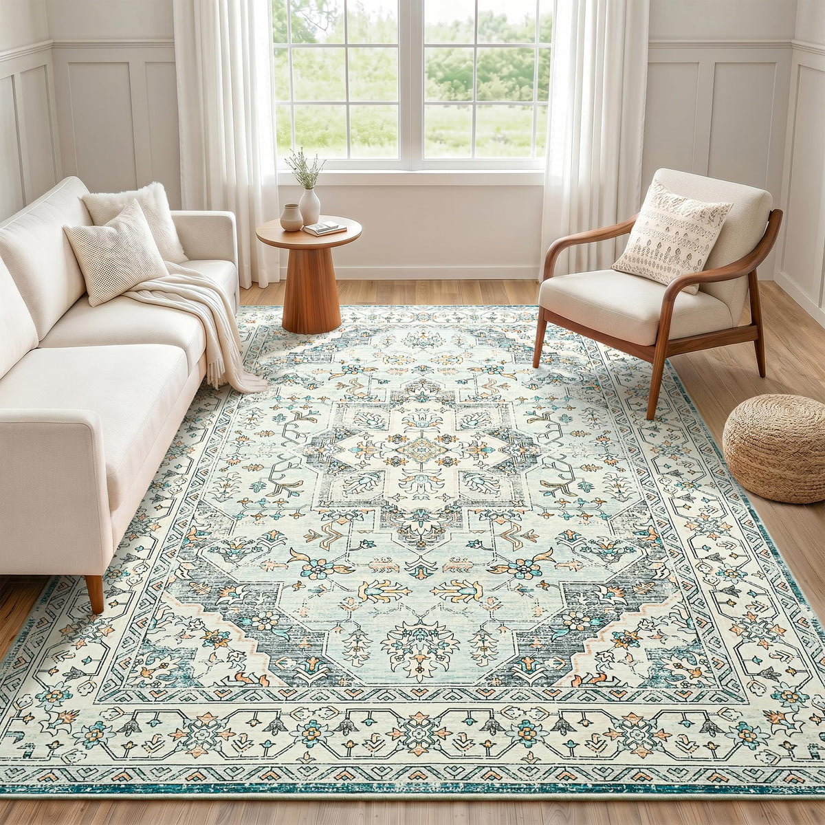 Hanples 5x7 Area Rugs for Living Room, Washable Rug Vintage Floral, Beige
