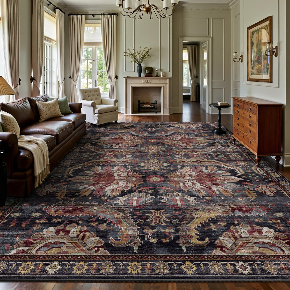 8x10 Area Rugs for Living Room - Washable Vintage Retro Large Rug, Soft Ultra Thin Non Slip Low Pile Traditional Distressed Boho Carpet for Bedroom Dining Room Home Office, Rust Clay