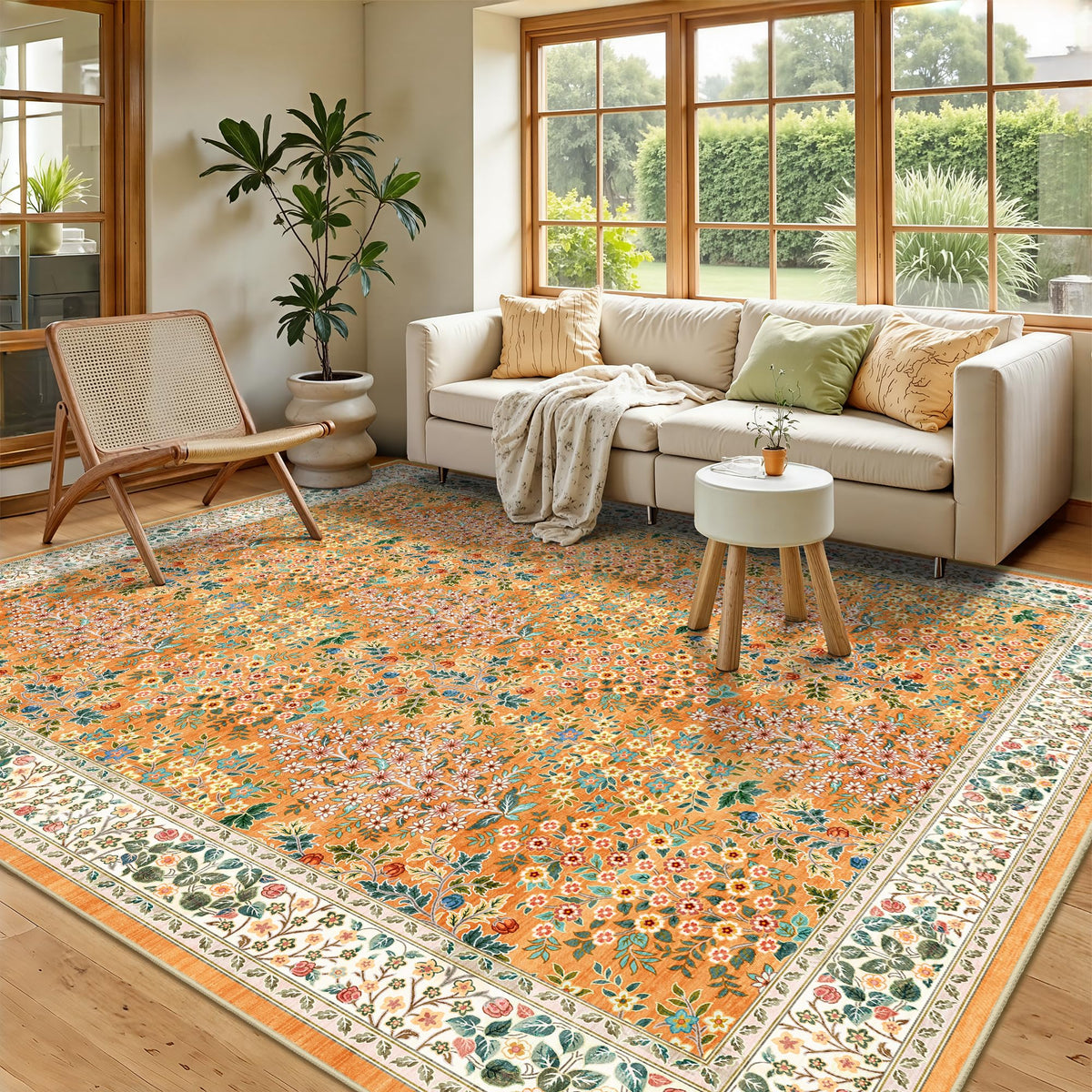 8x10 Area Rugs, Machine Washable Low Pile Floral Rugs for Living Room, Bedroom, Large Boho Area Rug with Non-Slip Backing for Dining Room(Pink Floral)