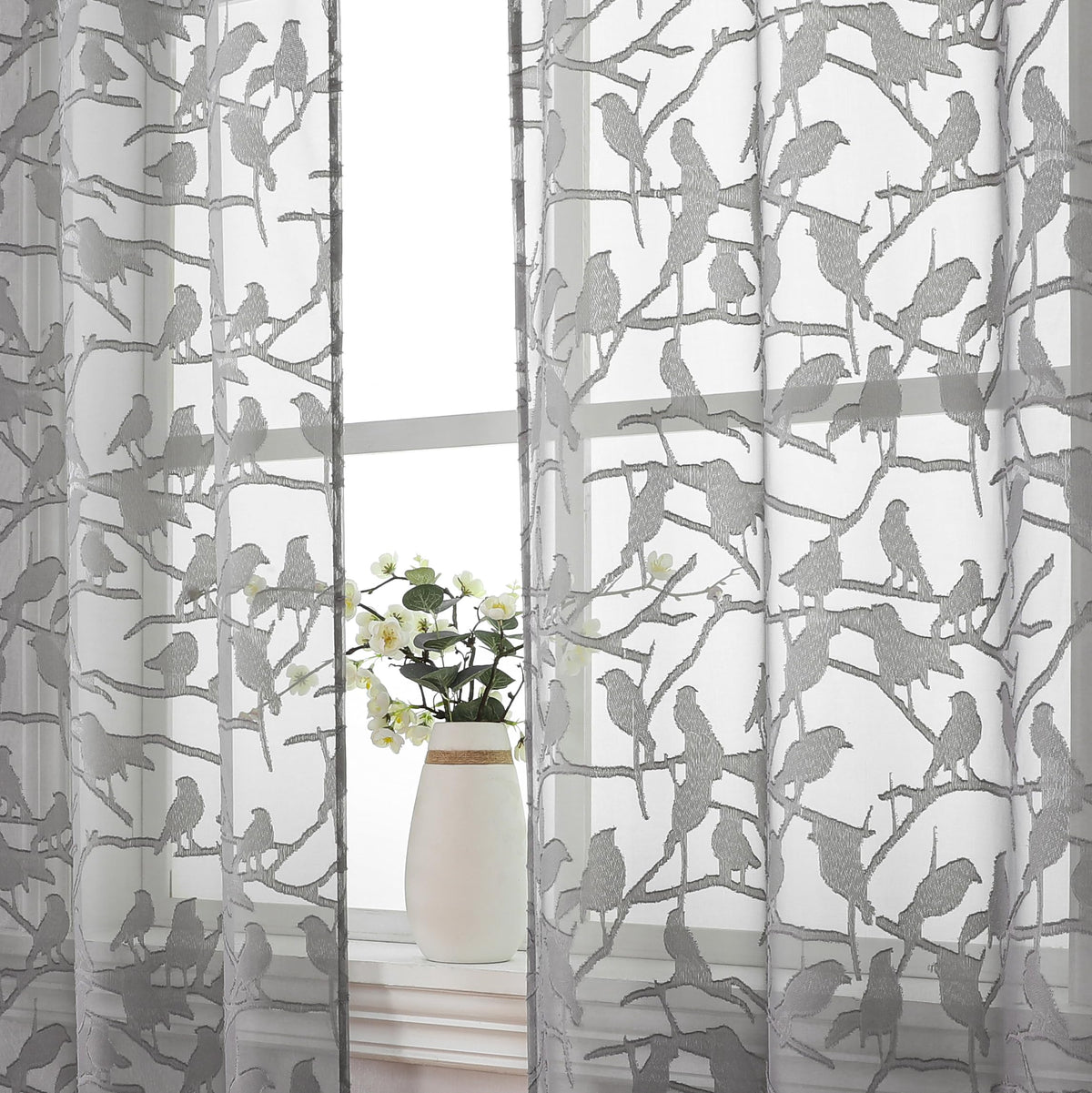 OVZME Sage Green Sheer Curtains 63 Inch Length 2 Panel Set, Light Filtering Bedroom Curtains with Dual Rod Pocket Top, Leaf Bird Clip Jacquard Sheer Farmhouse Window Drapes for Living Room, 2x38Wx63L