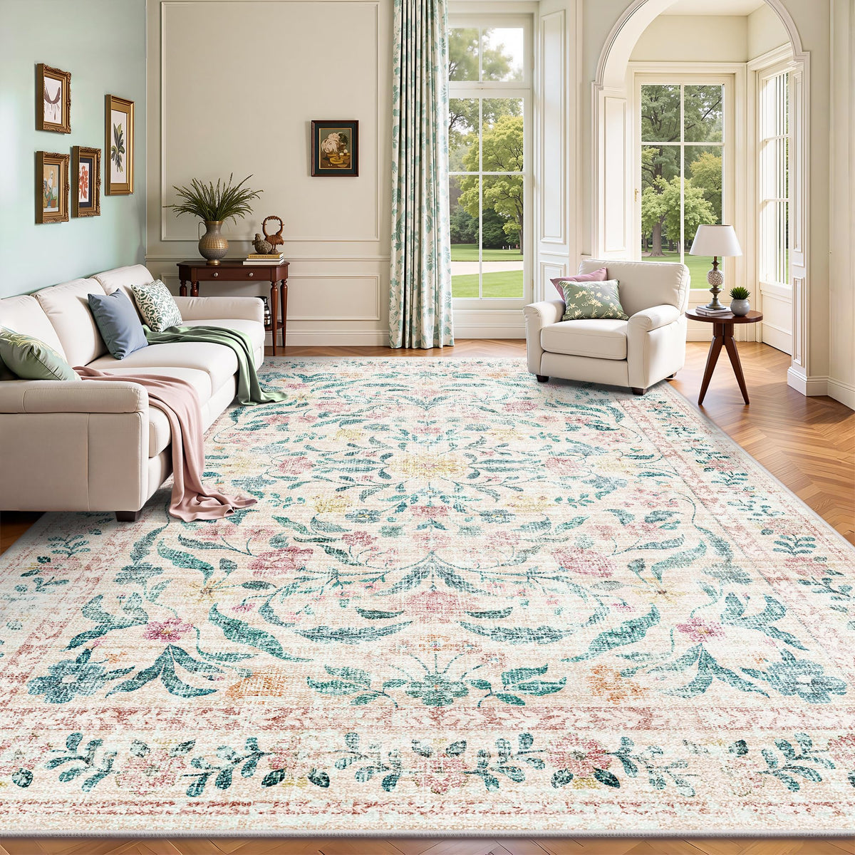 8x10 Area Rugs, Machine Washable Low Pile Floral Rugs for Living Room, Bedroom, Large Boho Area Rug with Non-Slip Backing for Dining Room(Pink Floral)