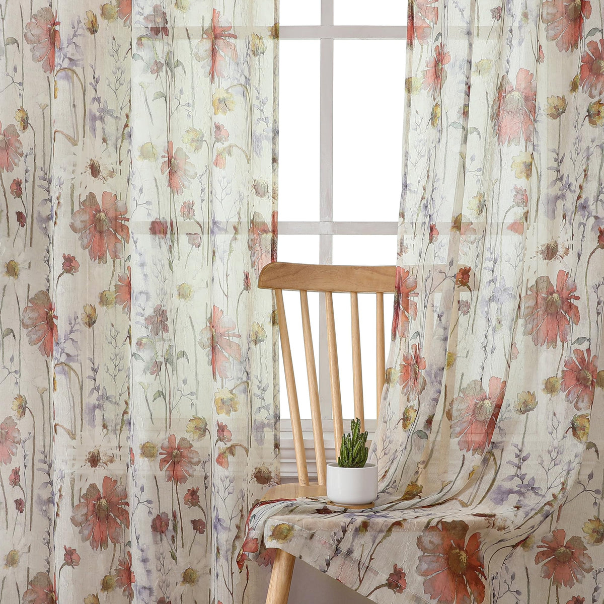 OWENIE Crushed Semi Sheer Curtains 72 Inches Length 2 Panels, Floral Pattern Design Rod Pocket Light Filtering Farmhouse Curtains for Bedroom Living Room, 2 Pieces Total 84 Inch Wide, 72 inch Long