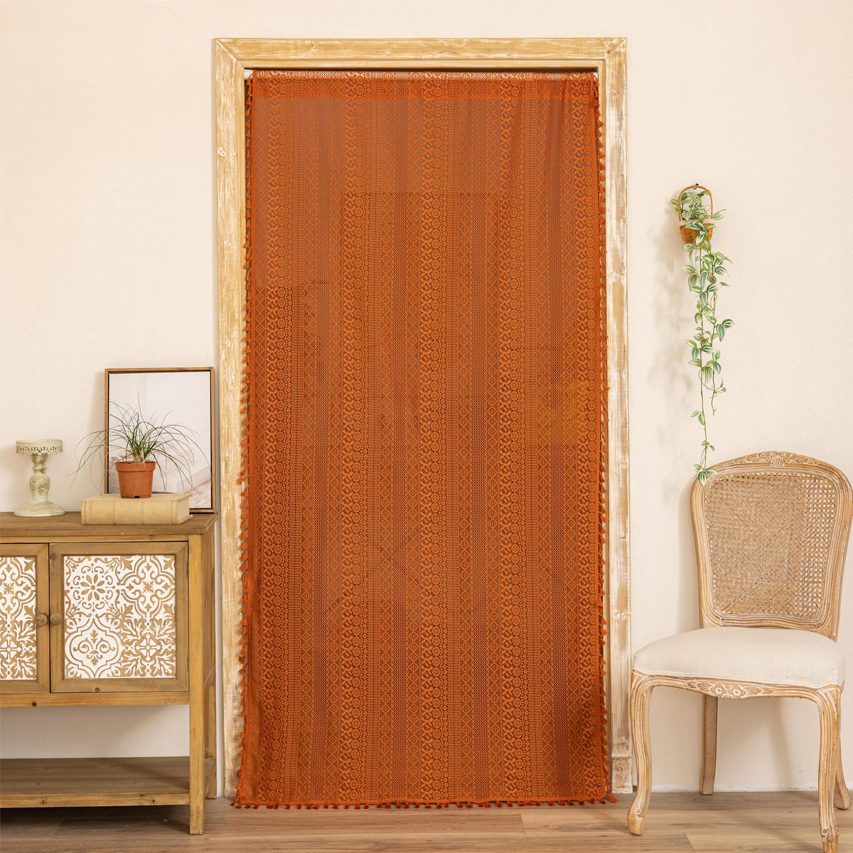 Sutuo Home Terracotta Boho Lace Curtains 2 Panels 84 Inches Long for Living Room&Bedroom, Burnt Orange Crochet Privacy Farmhouse Vintage Tassels Retro Halloween Window Sheer Curtains Rod Pocket,50" W
