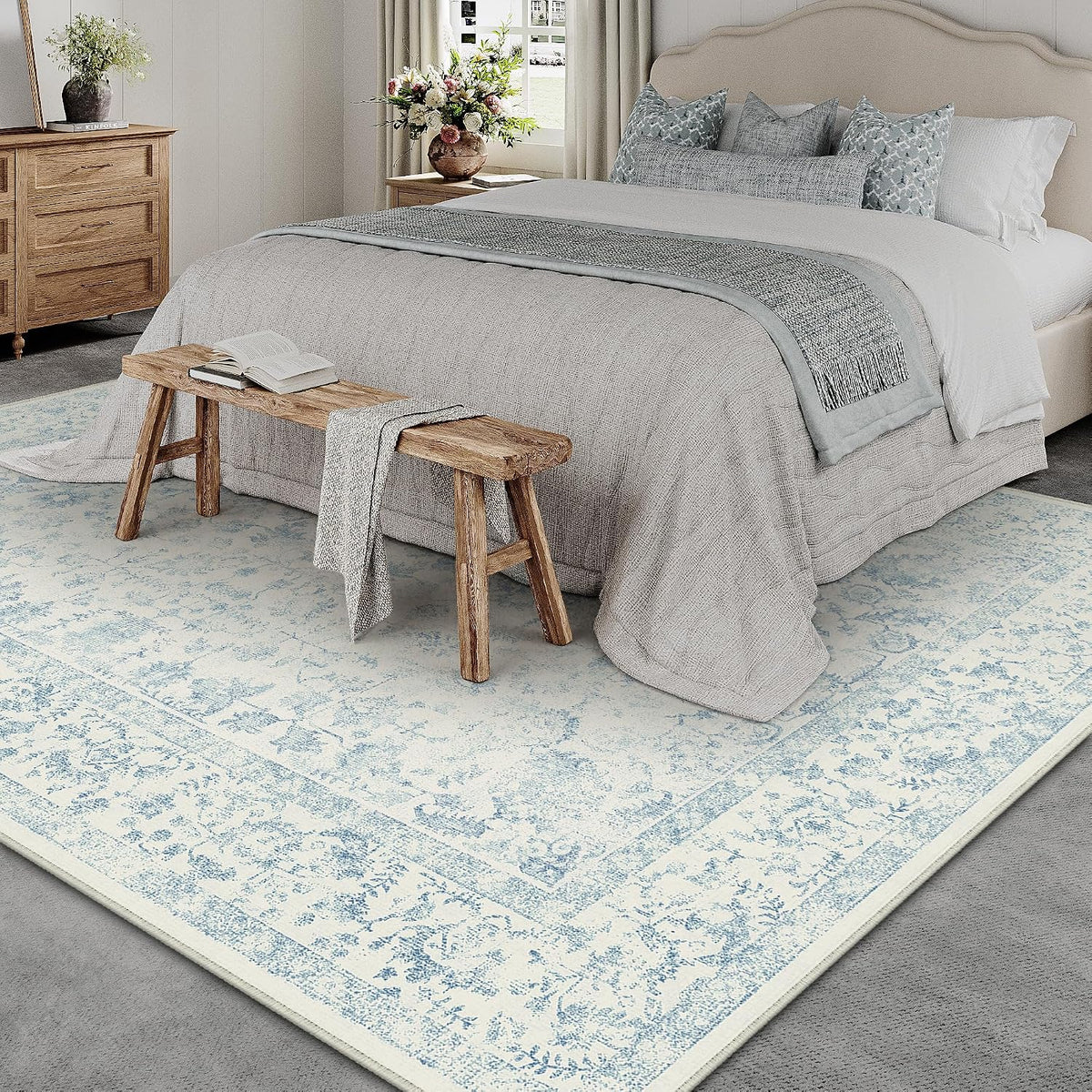 PureCozy 8x10 Blue Area Rug Washable Non Slip Large Vintage Living Room
