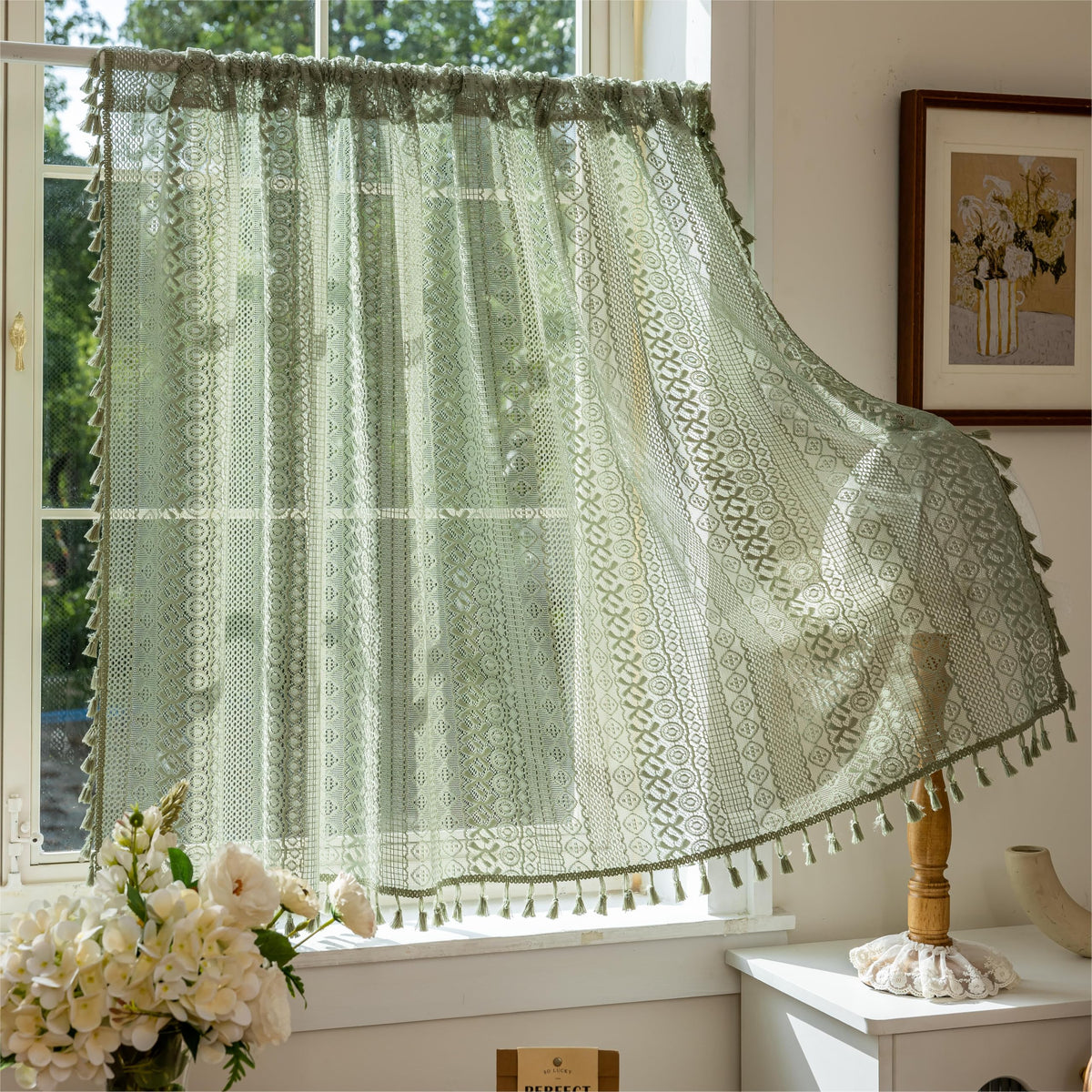 Sutuo Home Terracotta Boho Lace Curtains 2 Panels 84 Inches Long for Living Room&Bedroom, Burnt Orange Crochet Privacy Farmhouse Vintage Tassels Retro Halloween Window Sheer Curtains Rod Pocket,50" W