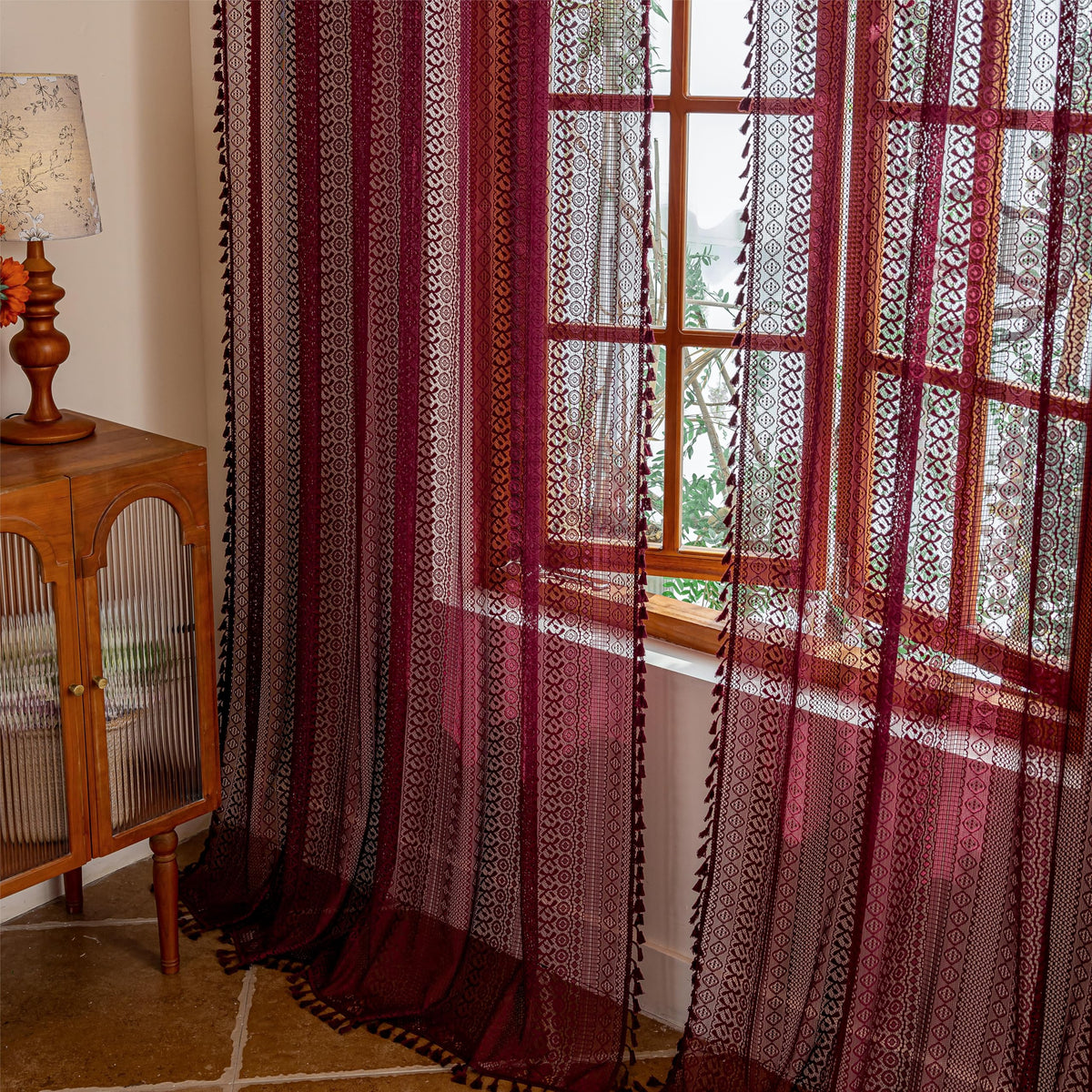 Sutuo Home Terracotta Boho Lace Curtains 2 Panels 84 Inches Long for Living Room&Bedroom, Burnt Orange Crochet Privacy Farmhouse Vintage Tassels Retro Halloween Window Sheer Curtains Rod Pocket,50" W