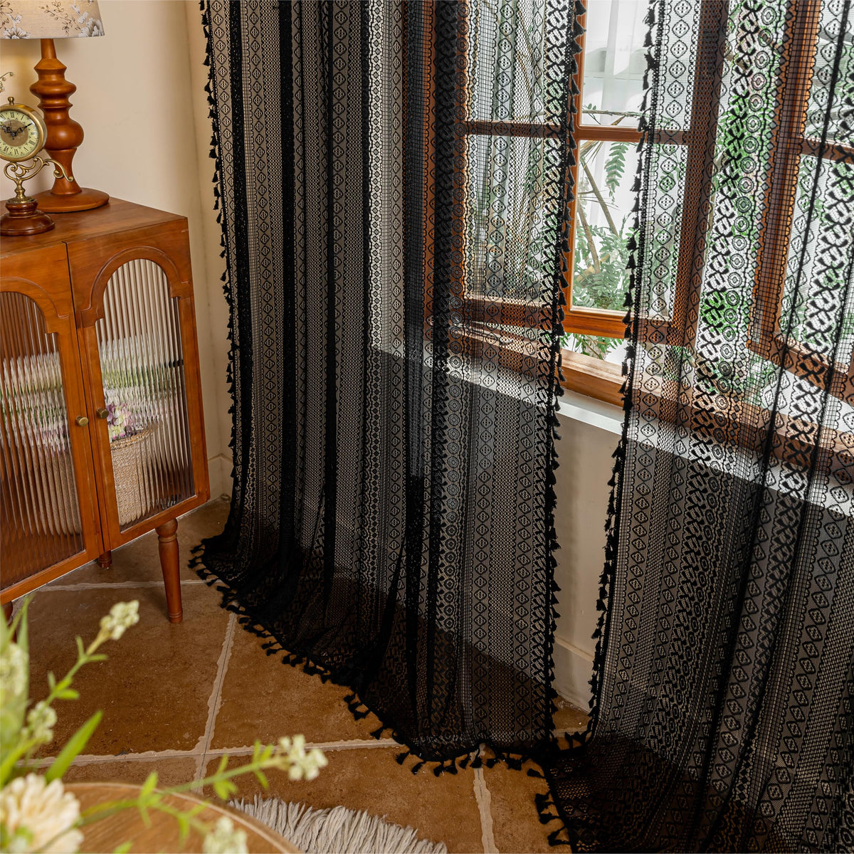 Sutuo Home Terracotta Boho Lace Curtains 2 Panels 84 Inches Long for Living Room&Bedroom, Burnt Orange Crochet Privacy Farmhouse Vintage Tassels Retro Halloween Window Sheer Curtains Rod Pocket,50" W