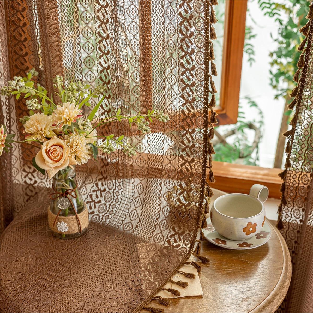Sutuo Home Terracotta Boho Lace Curtains 2 Panels 84 Inches Long for Living Room&Bedroom, Burnt Orange Crochet Privacy Farmhouse Vintage Tassels Retro Halloween Window Sheer Curtains Rod Pocket,50" W