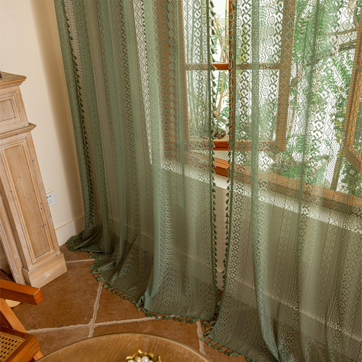 Sutuo Home Terracotta Boho Lace Curtains 2 Panels 84 Inches Long for Living Room&Bedroom, Burnt Orange Crochet Privacy Farmhouse Vintage Tassels Retro Halloween Window Sheer Curtains Rod Pocket,50" W