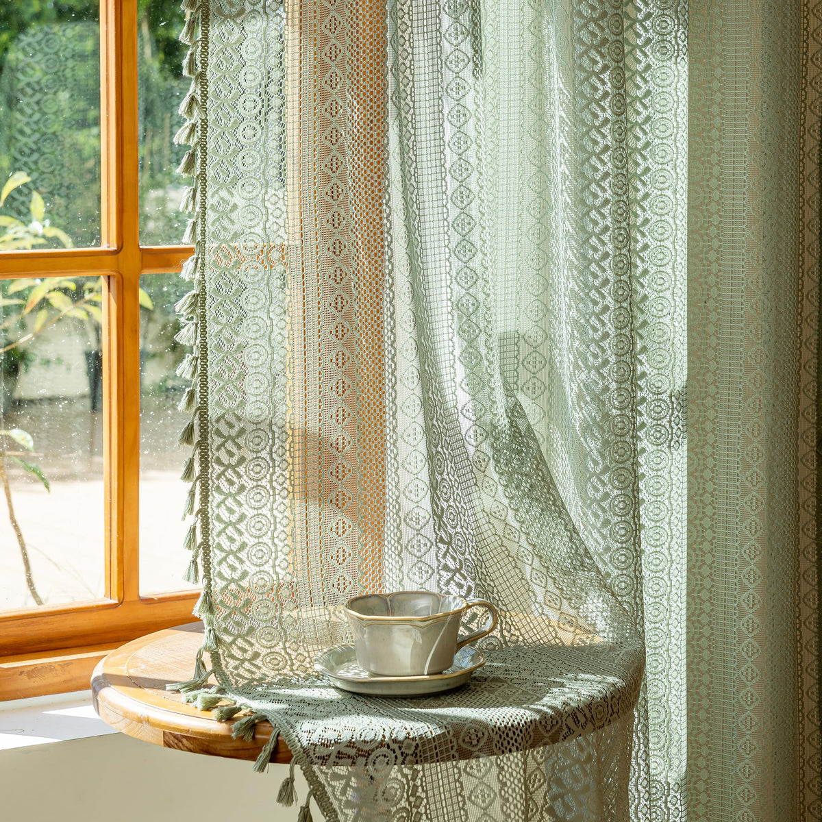 Sutuo Home Terracotta Boho Lace Curtains 2 Panels 84 Inches Long for Living Room&Bedroom, Burnt Orange Crochet Privacy Farmhouse Vintage Tassels Retro Halloween Window Sheer Curtains Rod Pocket,50" W