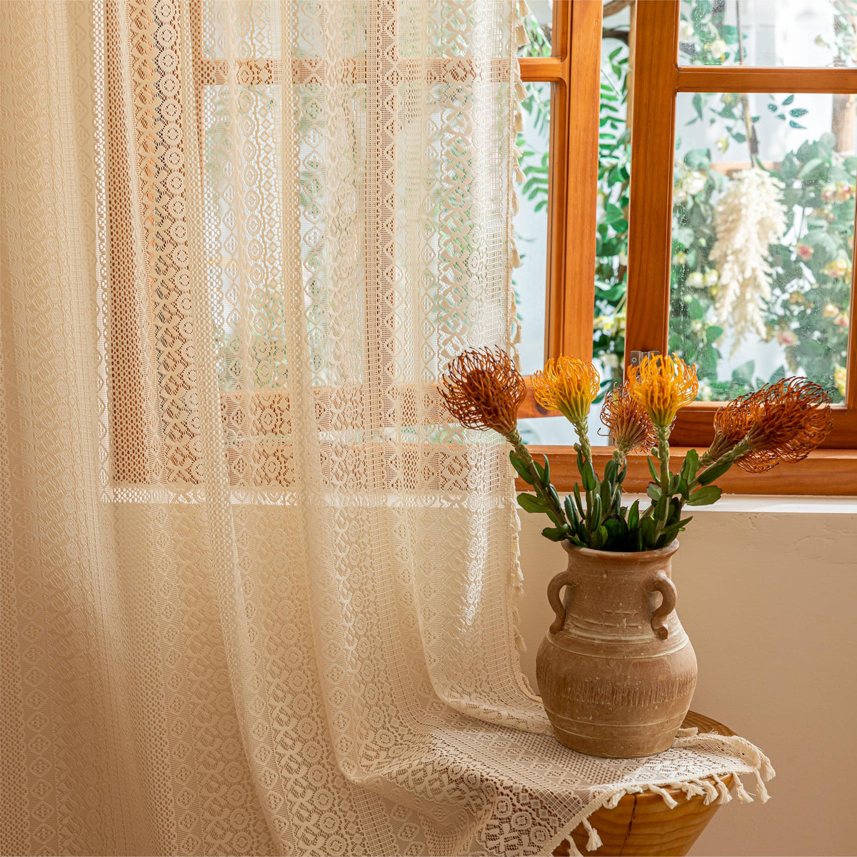 Sutuo Home Terracotta Boho Lace Curtains 2 Panels 84 Inches Long for Living Room&Bedroom, Burnt Orange Crochet Privacy Farmhouse Vintage Tassels Retro Halloween Window Sheer Curtains Rod Pocket,50" W