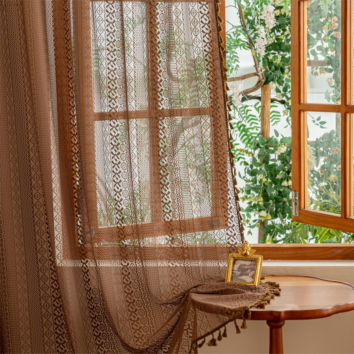 Sutuo Home Terracotta Boho Lace Curtains 2 Panels 84 Inches Long for Living Room&Bedroom, Burnt Orange Crochet Privacy Farmhouse Vintage Tassels Retro Halloween Window Sheer Curtains Rod Pocket,50" W