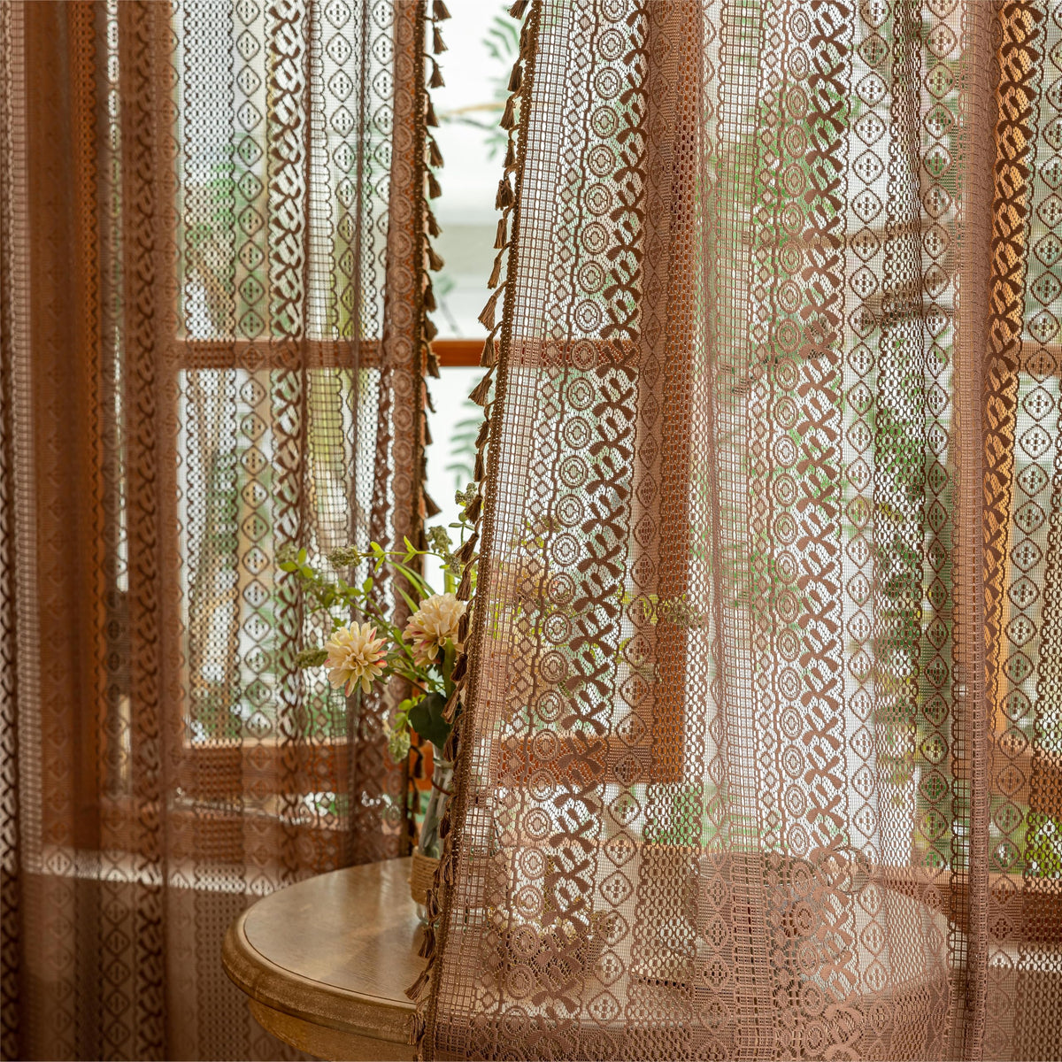 Sutuo Home Terracotta Boho Lace Curtains 2 Panels 84 Inches Long for Living Room&Bedroom, Burnt Orange Crochet Privacy Farmhouse Vintage Tassels Retro Halloween Window Sheer Curtains Rod Pocket,50" W