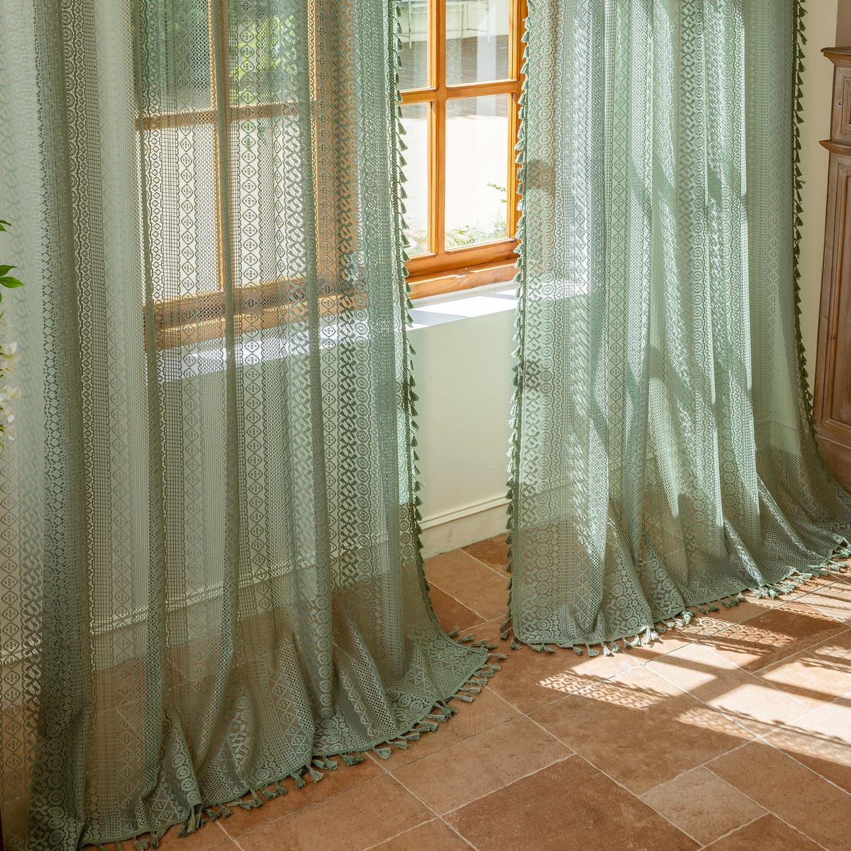 Sutuo Home Terracotta Boho Lace Curtains 2 Panels 84 Inches Long for Living Room&Bedroom, Burnt Orange Crochet Privacy Farmhouse Vintage Tassels Retro Halloween Window Sheer Curtains Rod Pocket,50" W