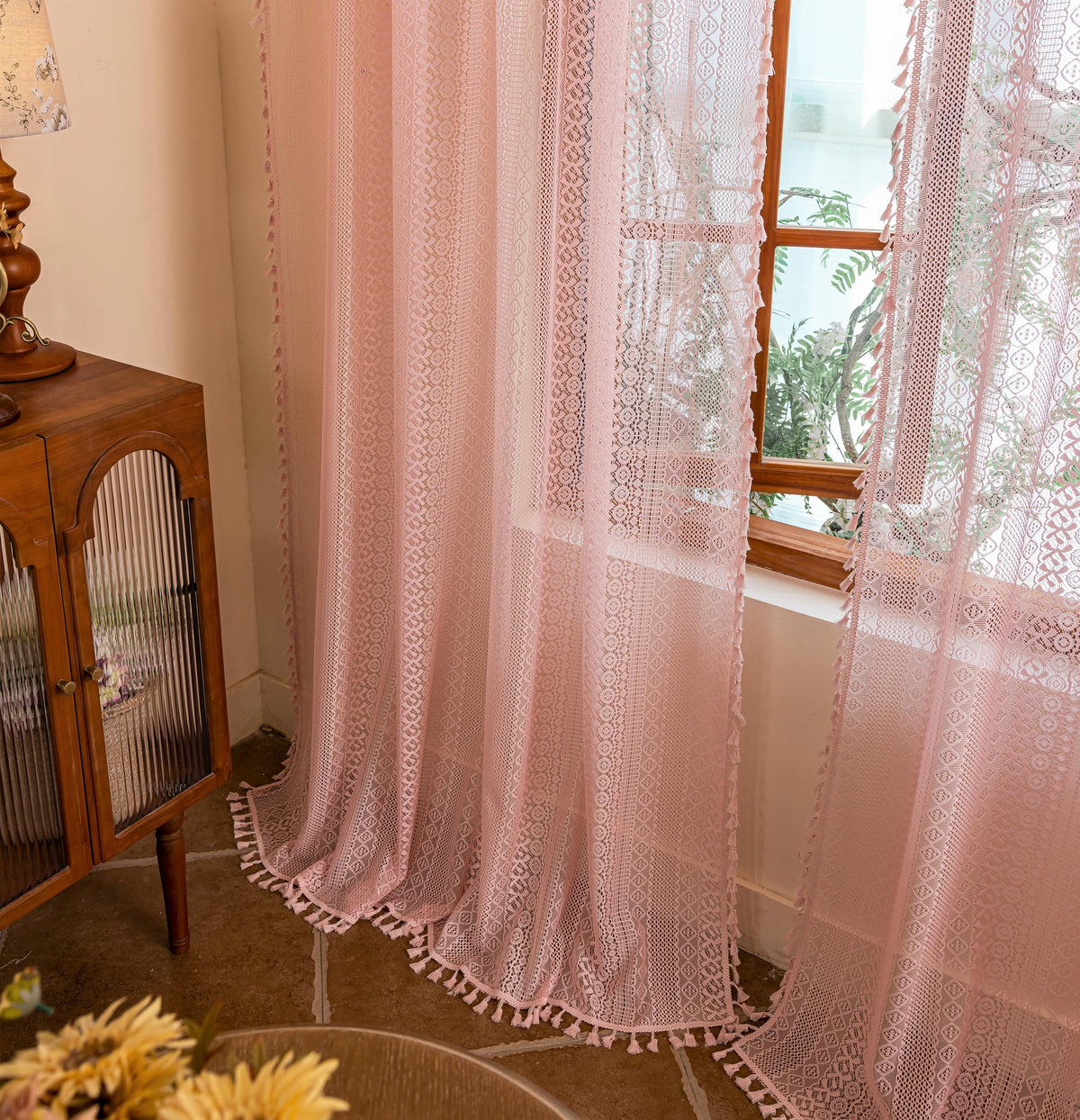Sutuo Home Terracotta Boho Lace Curtains 2 Panels 84 Inches Long for Living Room&Bedroom, Burnt Orange Crochet Privacy Farmhouse Vintage Tassels Retro Halloween Window Sheer Curtains Rod Pocket,50" W