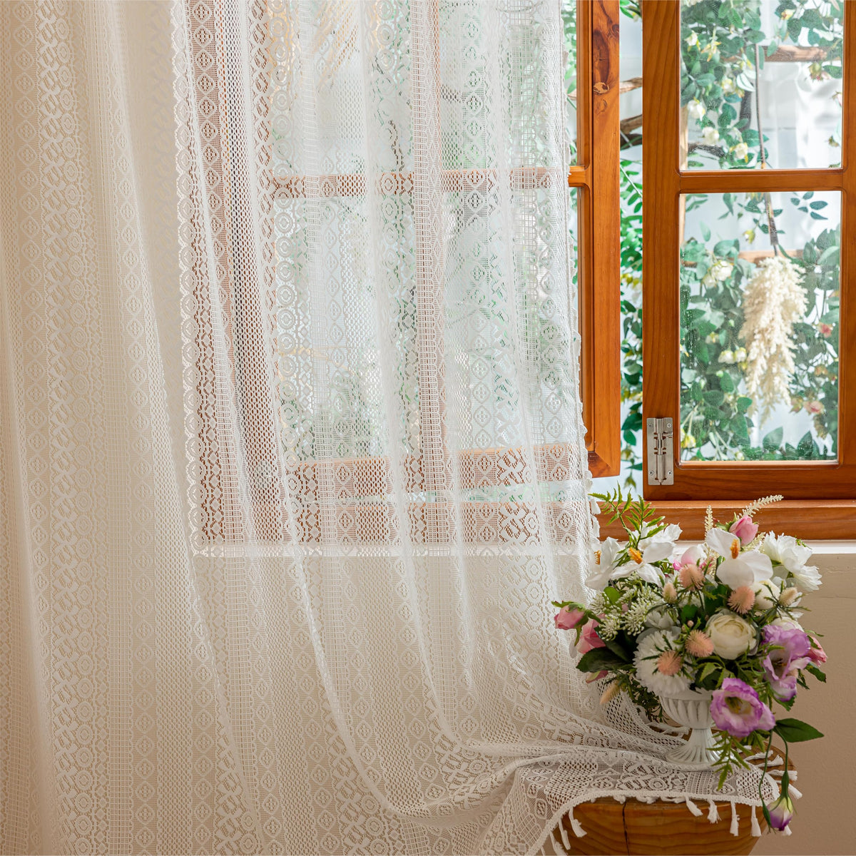 Sutuo Home Terracotta Boho Lace Curtains 2 Panels 84 Inches Long for Living Room&Bedroom, Burnt Orange Crochet Privacy Farmhouse Vintage Tassels Retro Halloween Window Sheer Curtains Rod Pocket,50" W