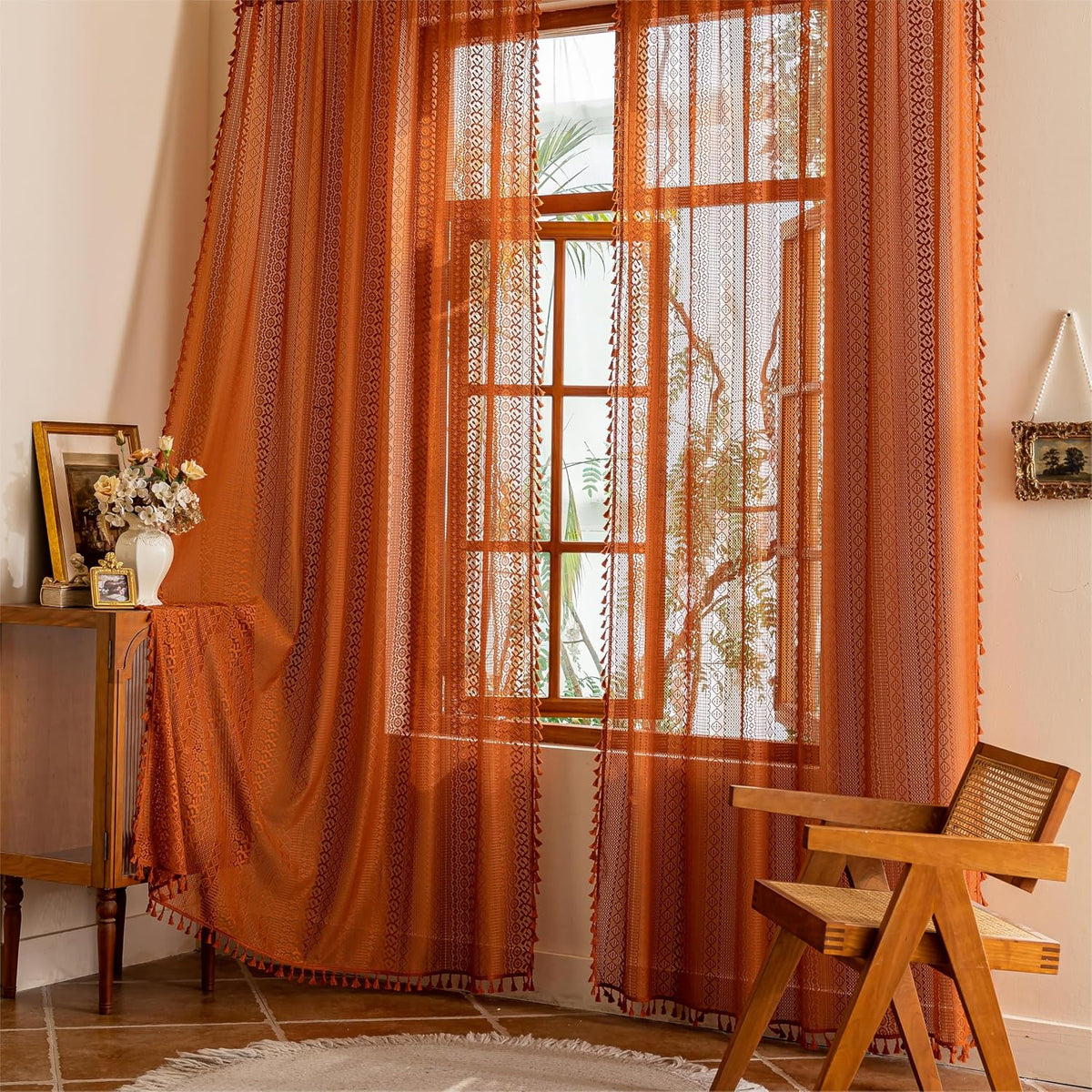 Sutuo Home Terracotta Boho Lace Curtains 2 Panels 84 Inches Long for Living Room&Bedroom, Burnt Orange Crochet Privacy Farmhouse Vintage Tassels Retro Halloween Window Sheer Curtains Rod Pocket,50" W