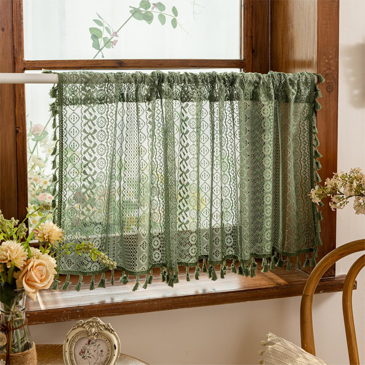 Sutuo Home Terracotta Boho Lace Curtains 2 Panels 84 Inches Long for Living Room&Bedroom, Burnt Orange Crochet Privacy Farmhouse Vintage Tassels Retro Halloween Window Sheer Curtains Rod Pocket,50" W