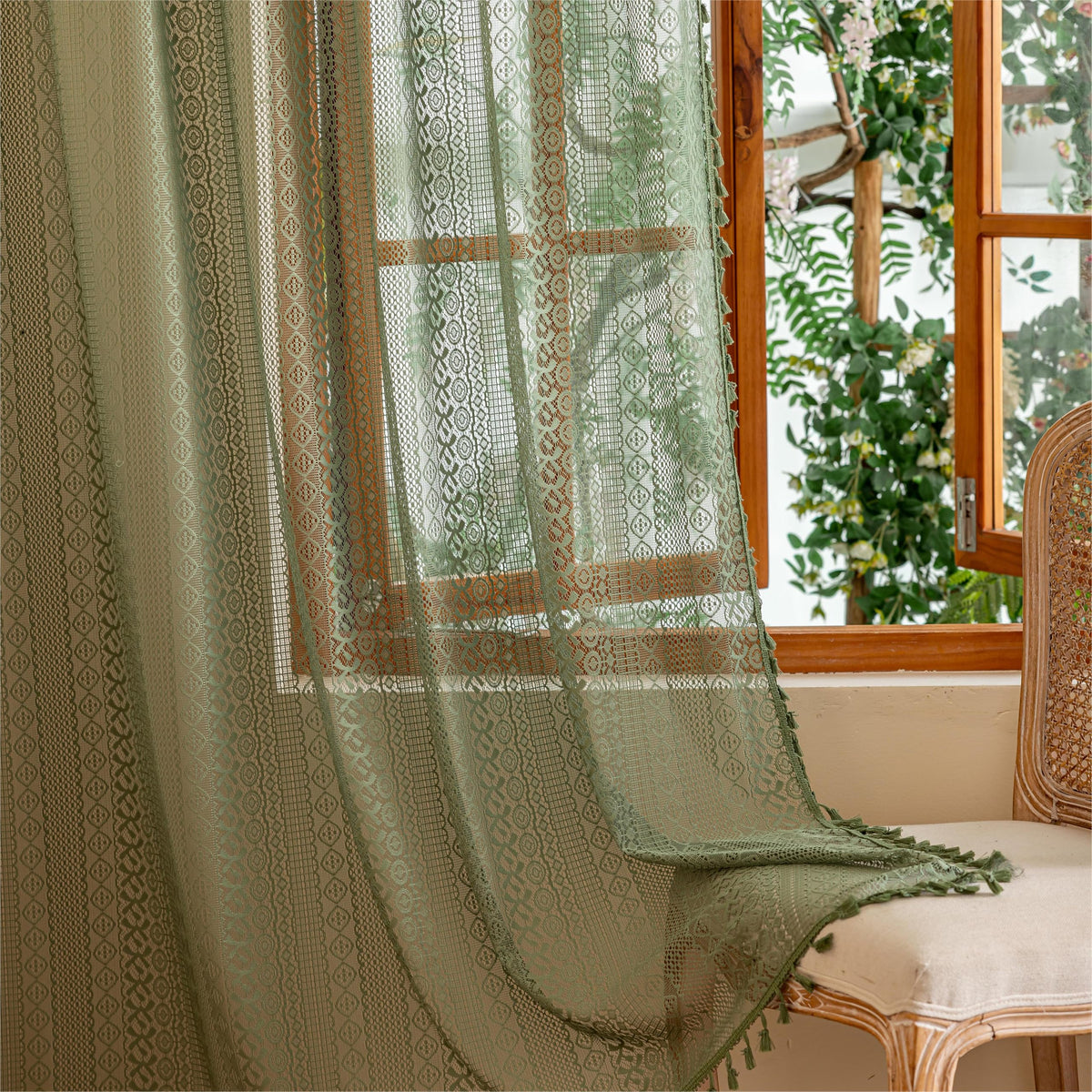 Sutuo Home Terracotta Boho Lace Curtains 2 Panels 84 Inches Long for Living Room&Bedroom, Burnt Orange Crochet Privacy Farmhouse Vintage Tassels Retro Halloween Window Sheer Curtains Rod Pocket,50" W