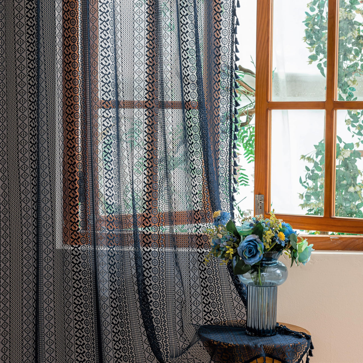 Sutuo Home Terracotta Boho Lace Curtains 2 Panels 84 Inches Long for Living Room&Bedroom, Burnt Orange Crochet Privacy Farmhouse Vintage Tassels Retro Halloween Window Sheer Curtains Rod Pocket,50" W