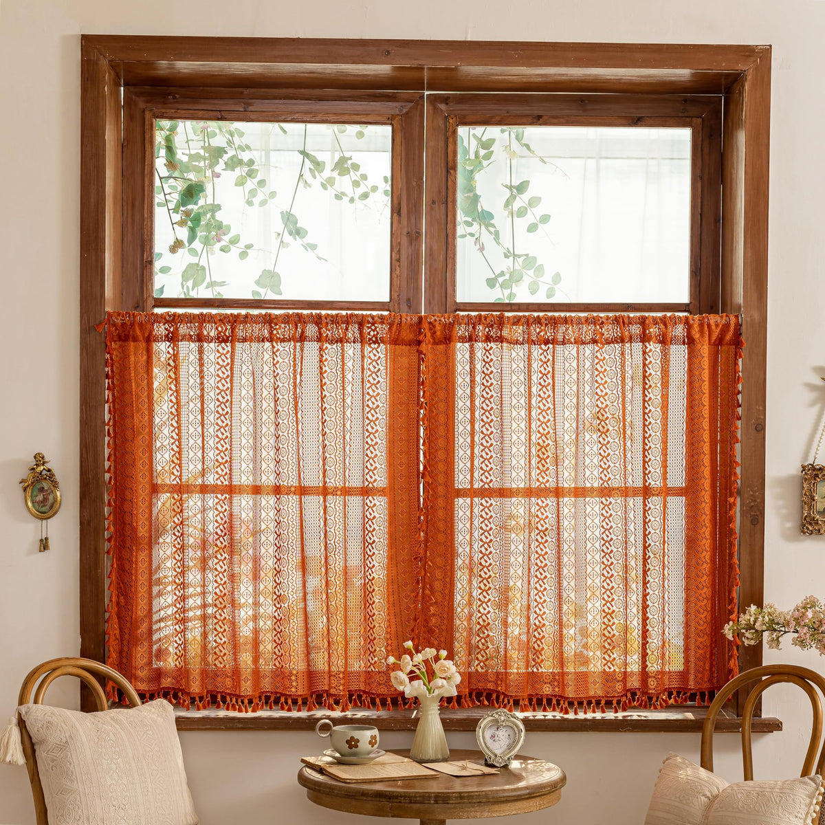 Sutuo Home Terracotta Boho Lace Curtains 2 Panels 84 Inches Long for Living Room&Bedroom, Burnt Orange Crochet Privacy Farmhouse Vintage Tassels Retro Halloween Window Sheer Curtains Rod Pocket,50" W