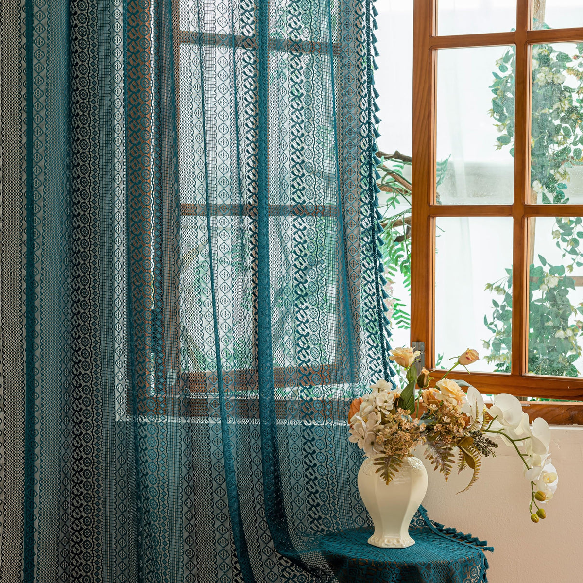 Sutuo Home Terracotta Boho Lace Curtains 2 Panels 84 Inches Long for Living Room&Bedroom, Burnt Orange Crochet Privacy Farmhouse Vintage Tassels Retro Halloween Window Sheer Curtains Rod Pocket,50" W