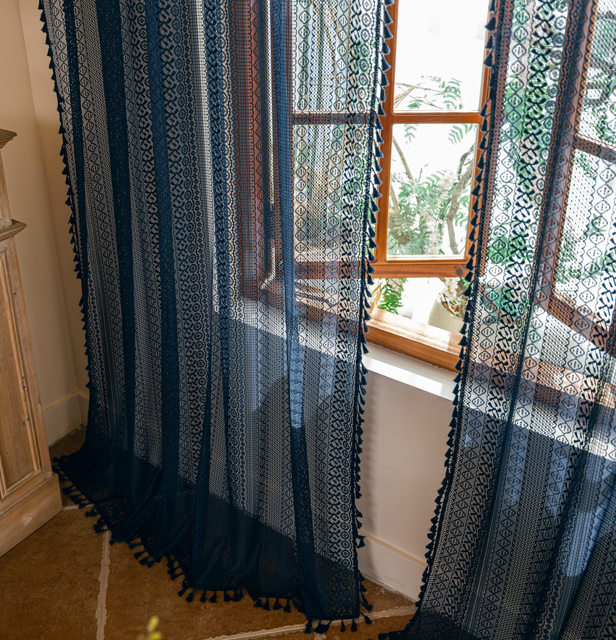 Sutuo Home Terracotta Boho Lace Curtains 2 Panels 84 Inches Long for Living Room&Bedroom, Burnt Orange Crochet Privacy Farmhouse Vintage Tassels Retro Halloween Window Sheer Curtains Rod Pocket,50" W