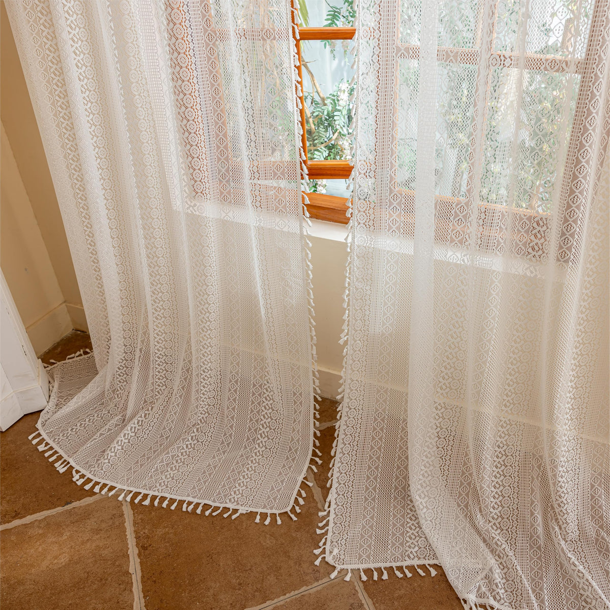 Sutuo Home Terracotta Boho Lace Curtains 2 Panels 84 Inches Long for Living Room&Bedroom, Burnt Orange Crochet Privacy Farmhouse Vintage Tassels Retro Halloween Window Sheer Curtains Rod Pocket,50" W