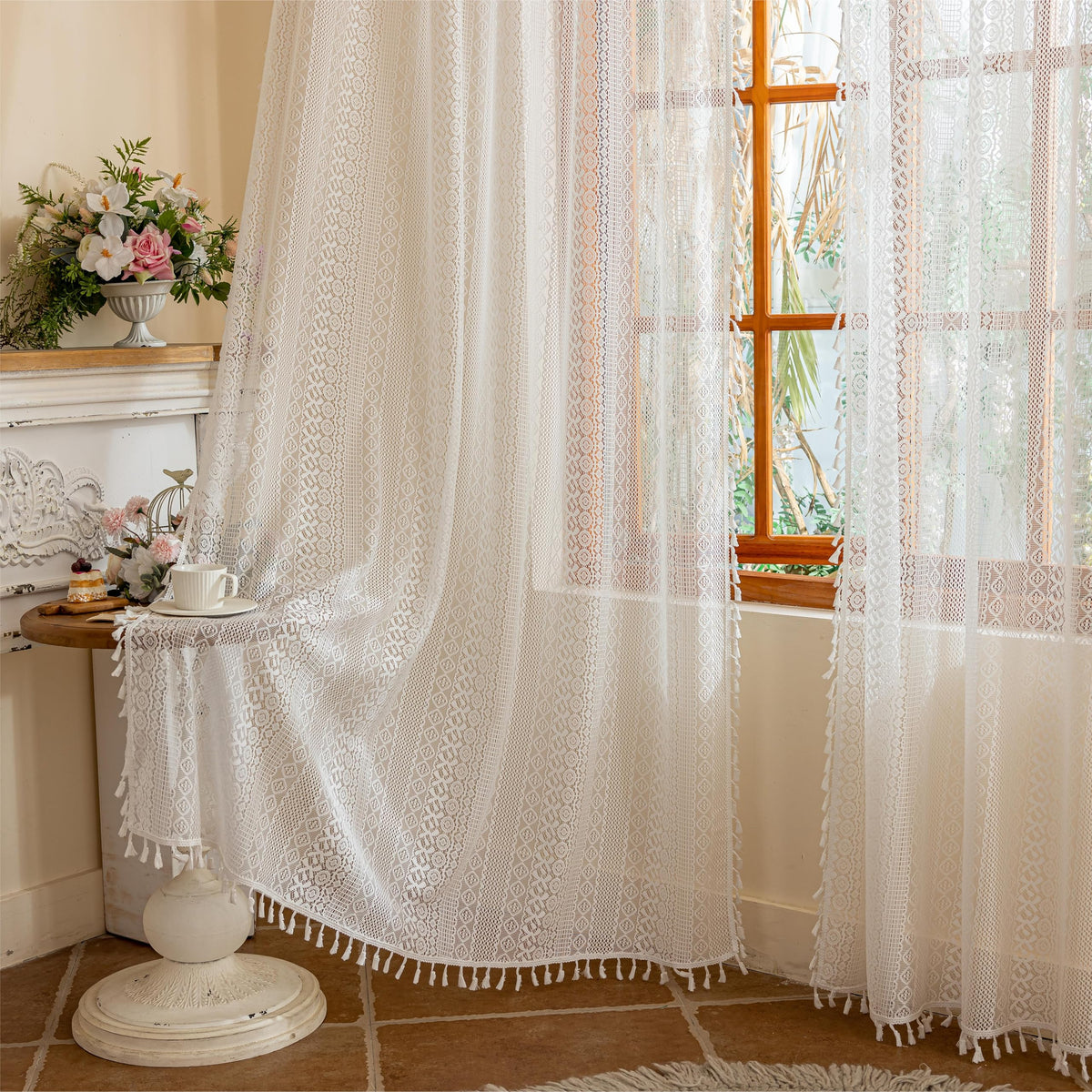 Sutuo Home Terracotta Boho Lace Curtains 2 Panels 84 Inches Long for Living Room&Bedroom, Burnt Orange Crochet Privacy Farmhouse Vintage Tassels Retro Halloween Window Sheer Curtains Rod Pocket,50" W
