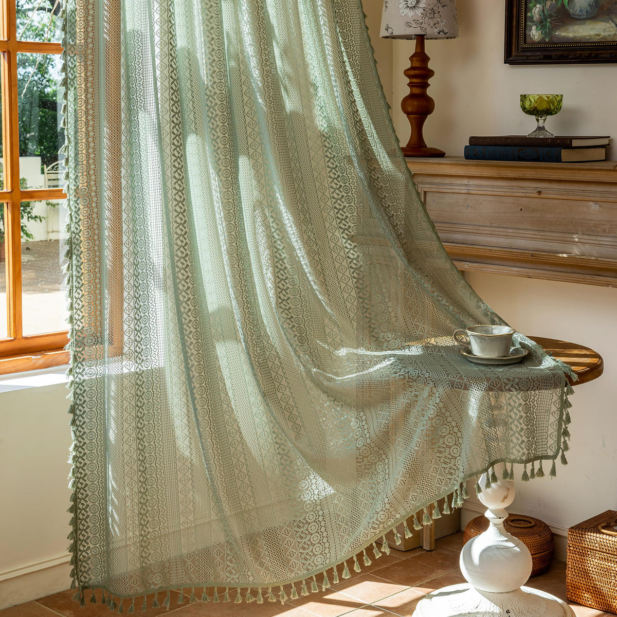 Sutuo Home Terracotta Boho Lace Curtains 2 Panels 84 Inches Long for Living Room&Bedroom, Burnt Orange Crochet Privacy Farmhouse Vintage Tassels Retro Halloween Window Sheer Curtains Rod Pocket,50" W