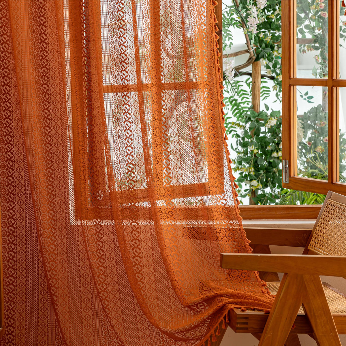 Sutuo Home Terracotta Boho Lace Curtains 2 Panels 84 Inches Long for Living Room&Bedroom, Burnt Orange Crochet Privacy Farmhouse Vintage Tassels Retro Halloween Window Sheer Curtains Rod Pocket,50" W