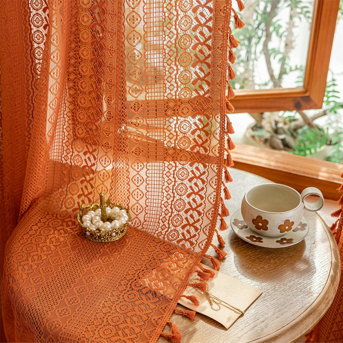 Sutuo Home Terracotta Boho Lace Curtains 2 Panels 84 Inches Long for Living Room&Bedroom, Burnt Orange Crochet Privacy Farmhouse Vintage Tassels Retro Halloween Window Sheer Curtains Rod Pocket,50" W