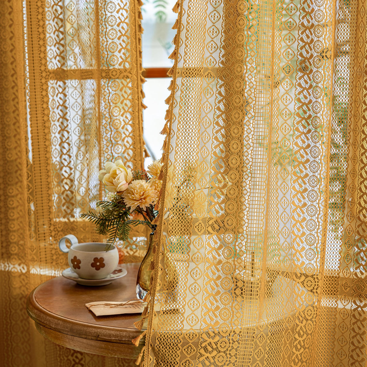 Sutuo Home Terracotta Boho Lace Curtains 2 Panels 84 Inches Long for Living Room&Bedroom, Burnt Orange Crochet Privacy Farmhouse Vintage Tassels Retro Halloween Window Sheer Curtains Rod Pocket,50" W