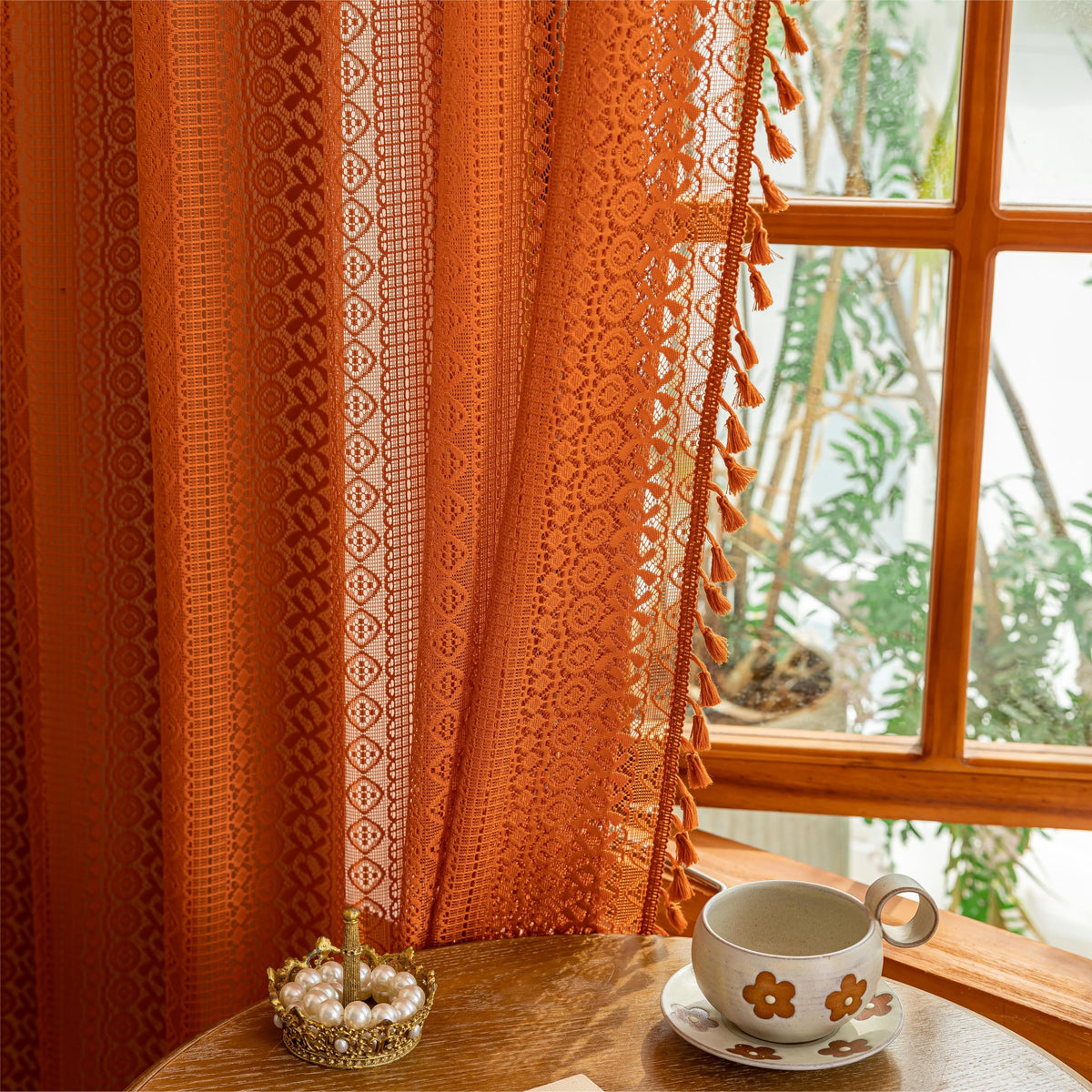 Sutuo Home Terracotta Boho Lace Curtains 2 Panels 84 Inches Long for Living Room&Bedroom, Burnt Orange Crochet Privacy Farmhouse Vintage Tassels Retro Halloween Window Sheer Curtains Rod Pocket,50" W