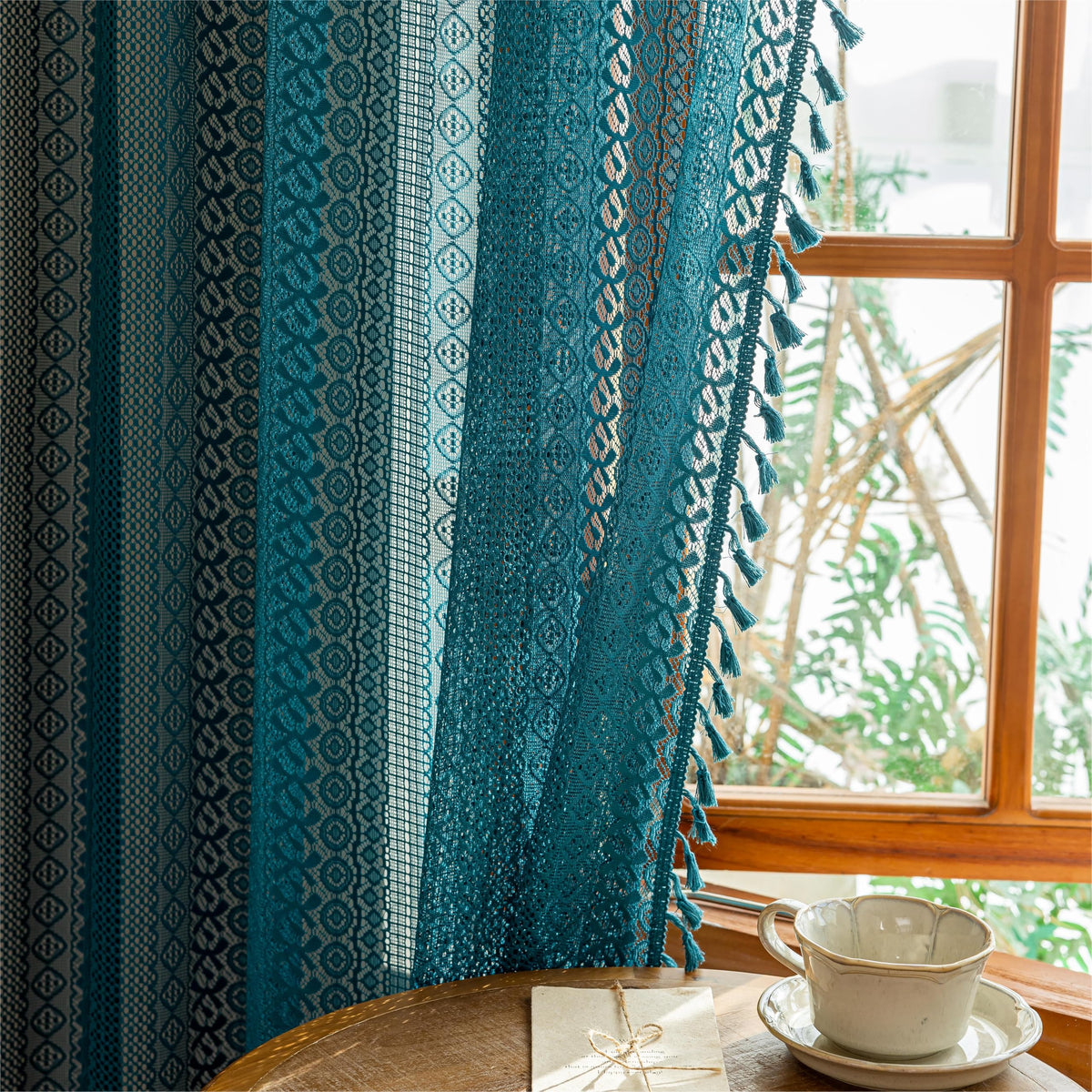 Sutuo Home Terracotta Boho Lace Curtains 2 Panels 84 Inches Long for Living Room&Bedroom, Burnt Orange Crochet Privacy Farmhouse Vintage Tassels Retro Halloween Window Sheer Curtains Rod Pocket,50" W