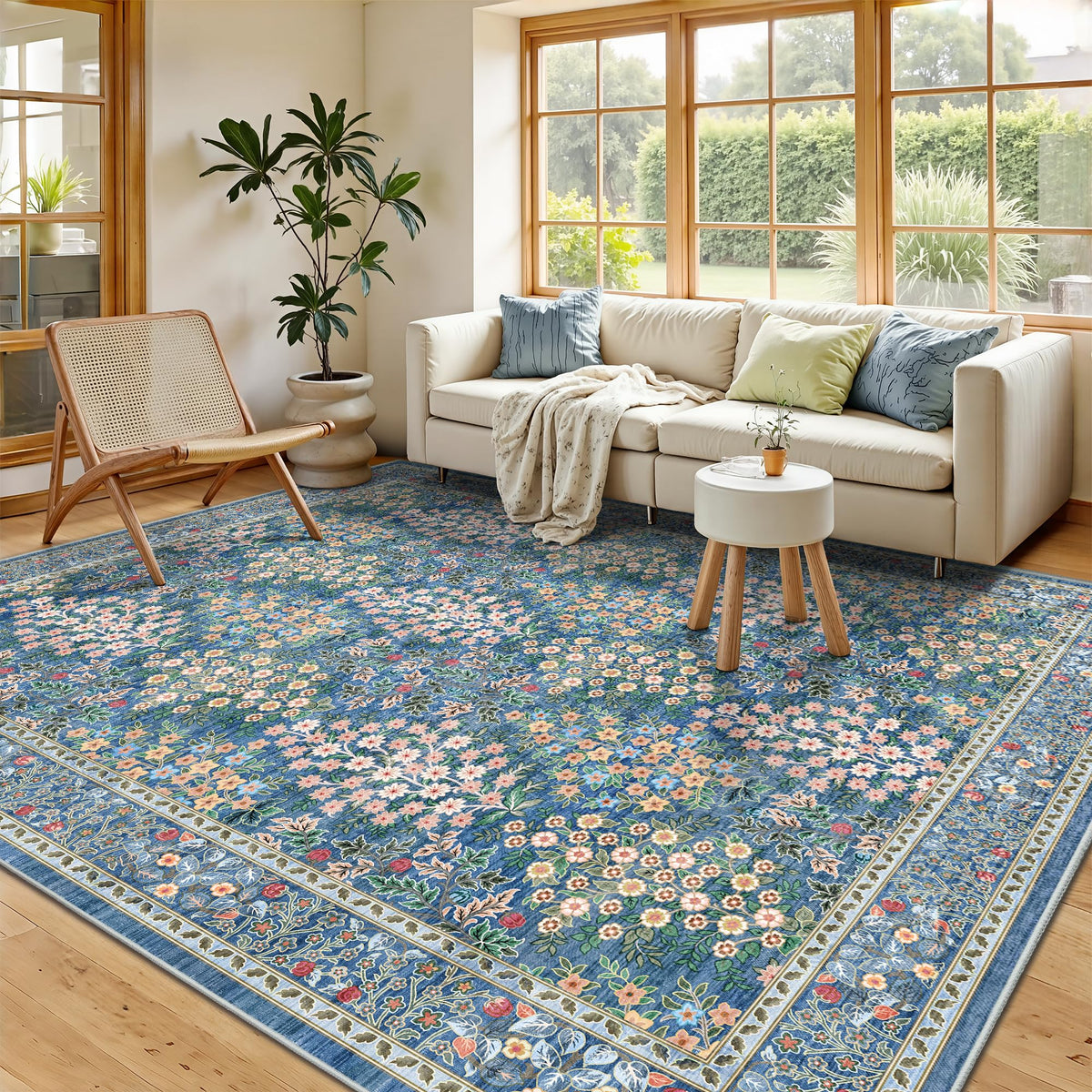 8x10 Area Rugs, Machine Washable Low Pile Floral Rugs for Living Room, Bedroom, Large Boho Area Rug with Non-Slip Backing for Dining Room(Pink Floral)