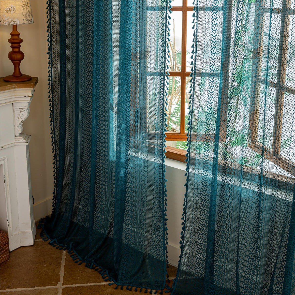 Sutuo Home Terracotta Boho Lace Curtains 2 Panels 84 Inches Long for Living Room&Bedroom, Burnt Orange Crochet Privacy Farmhouse Vintage Tassels Retro Halloween Window Sheer Curtains Rod Pocket,50" W