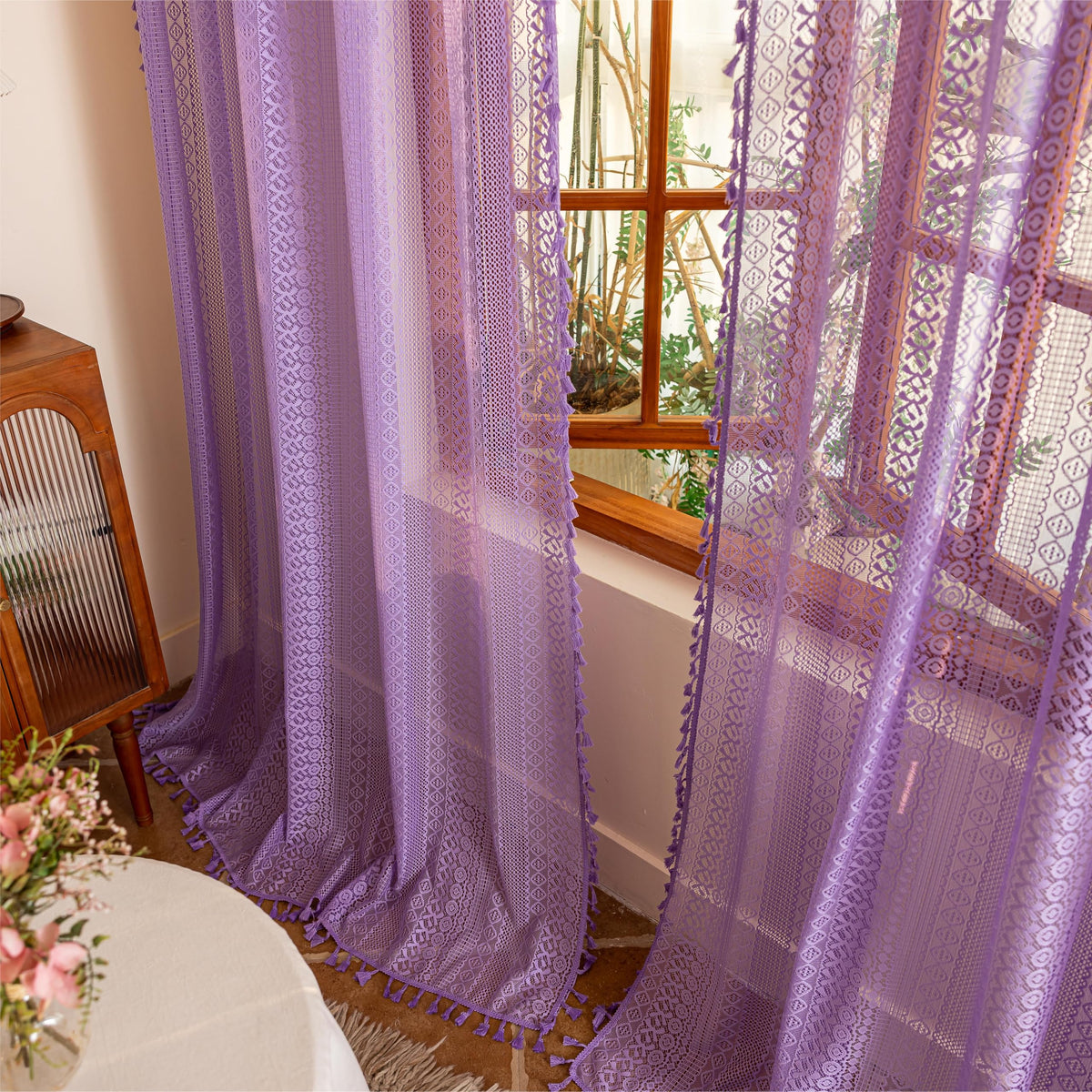 Sutuo Home Terracotta Boho Lace Curtains 2 Panels 84 Inches Long for Living Room&Bedroom, Burnt Orange Crochet Privacy Farmhouse Vintage Tassels Retro Halloween Window Sheer Curtains Rod Pocket,50" W