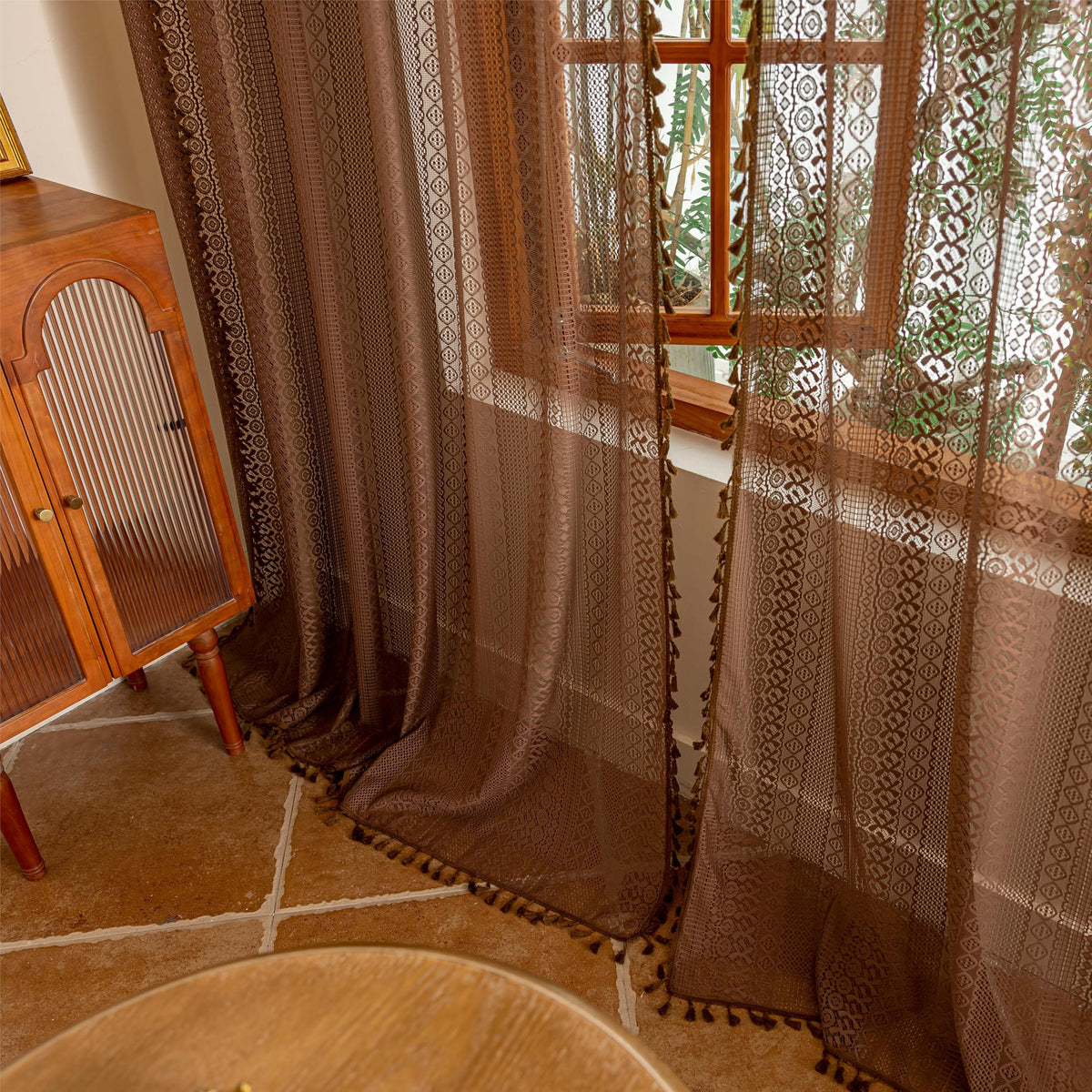 Sutuo Home Terracotta Boho Lace Curtains 2 Panels 84 Inches Long for Living Room&Bedroom, Burnt Orange Crochet Privacy Farmhouse Vintage Tassels Retro Halloween Window Sheer Curtains Rod Pocket,50" W