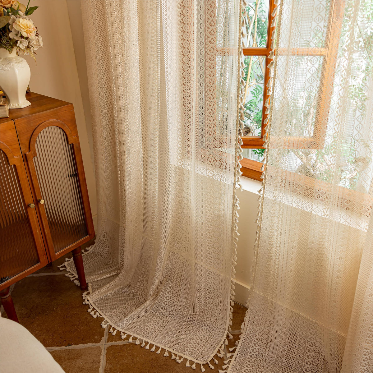 Sutuo Home Terracotta Boho Lace Curtains 2 Panels 84 Inches Long for Living Room&Bedroom, Burnt Orange Crochet Privacy Farmhouse Vintage Tassels Retro Halloween Window Sheer Curtains Rod Pocket,50" W