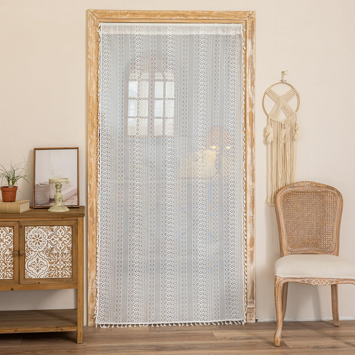 Sutuo Home Terracotta Boho Lace Curtains 2 Panels 84 Inches Long for Living Room&Bedroom, Burnt Orange Crochet Privacy Farmhouse Vintage Tassels Retro Halloween Window Sheer Curtains Rod Pocket,50" W