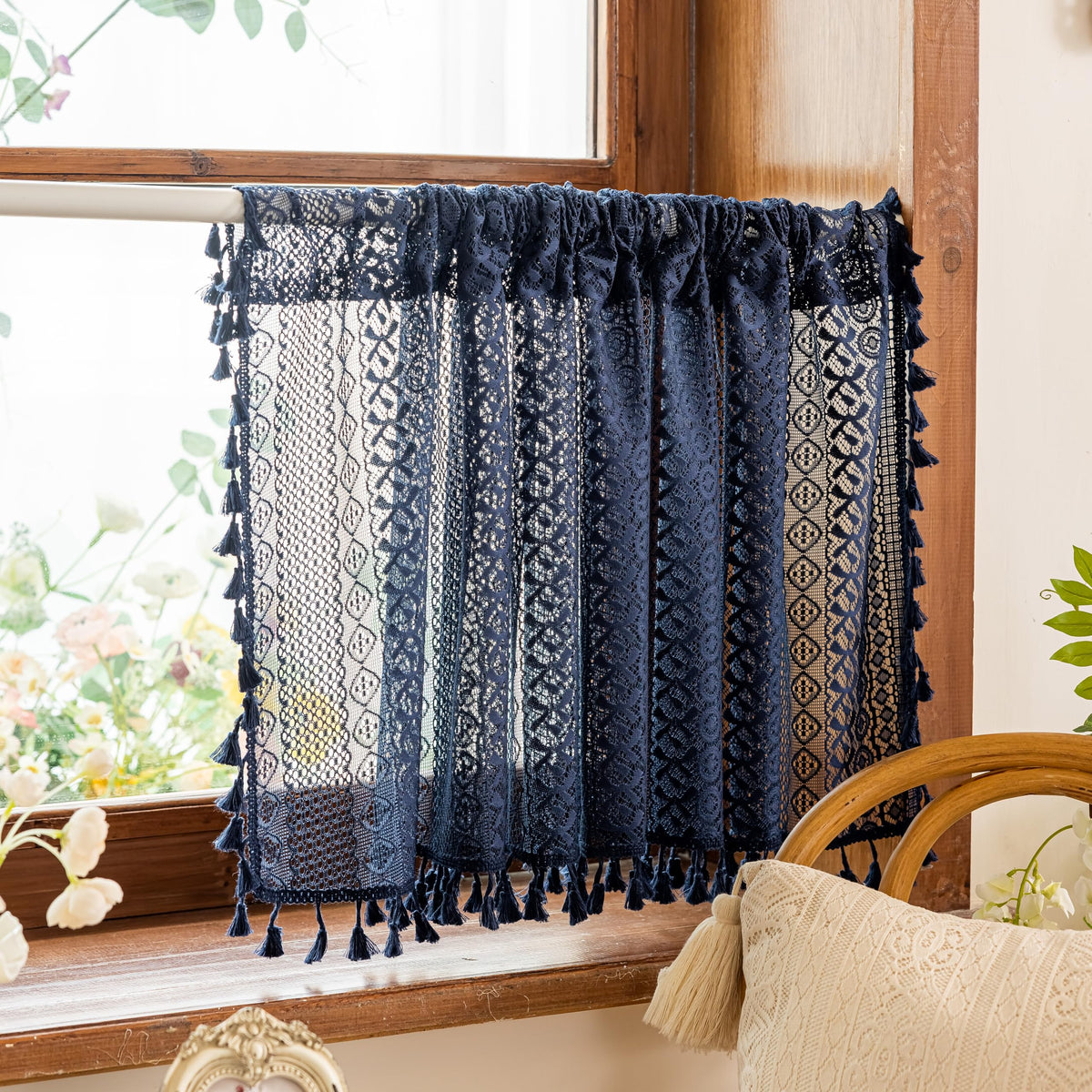 Sutuo Home Terracotta Boho Lace Curtains 2 Panels 84 Inches Long for Living Room&Bedroom, Burnt Orange Crochet Privacy Farmhouse Vintage Tassels Retro Halloween Window Sheer Curtains Rod Pocket,50" W