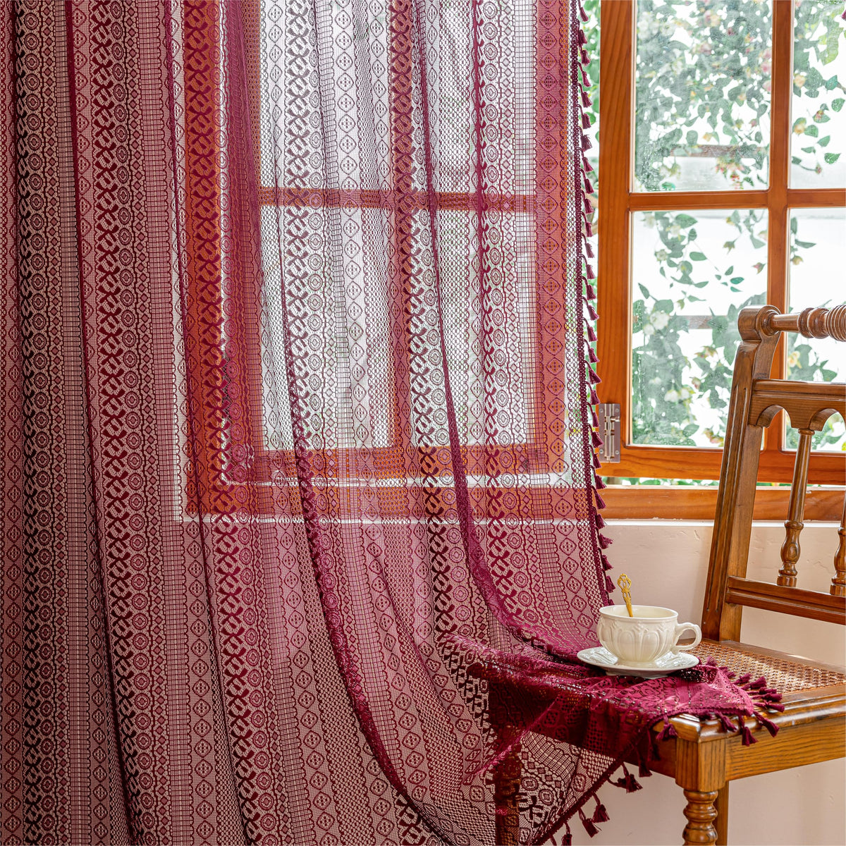 Sutuo Home Terracotta Boho Lace Curtains 2 Panels 84 Inches Long for Living Room&Bedroom, Burnt Orange Crochet Privacy Farmhouse Vintage Tassels Retro Halloween Window Sheer Curtains Rod Pocket,50" W