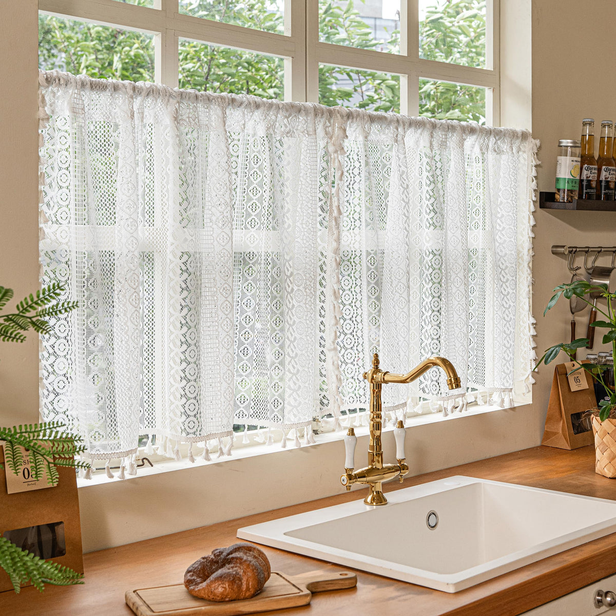 Sutuo Home Terracotta Boho Lace Curtains 2 Panels 84 Inches Long for Living Room&Bedroom, Burnt Orange Crochet Privacy Farmhouse Vintage Tassels Retro Halloween Window Sheer Curtains Rod Pocket,50" W