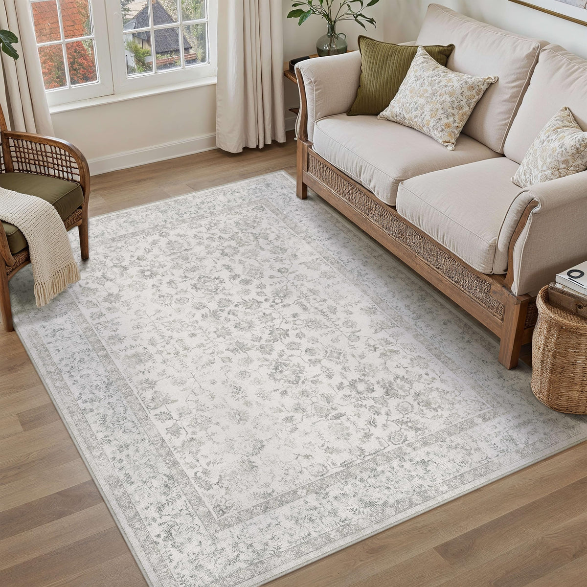PureCozy 8x10 Blue Area Rug Washable Non Slip Large Vintage Living Room