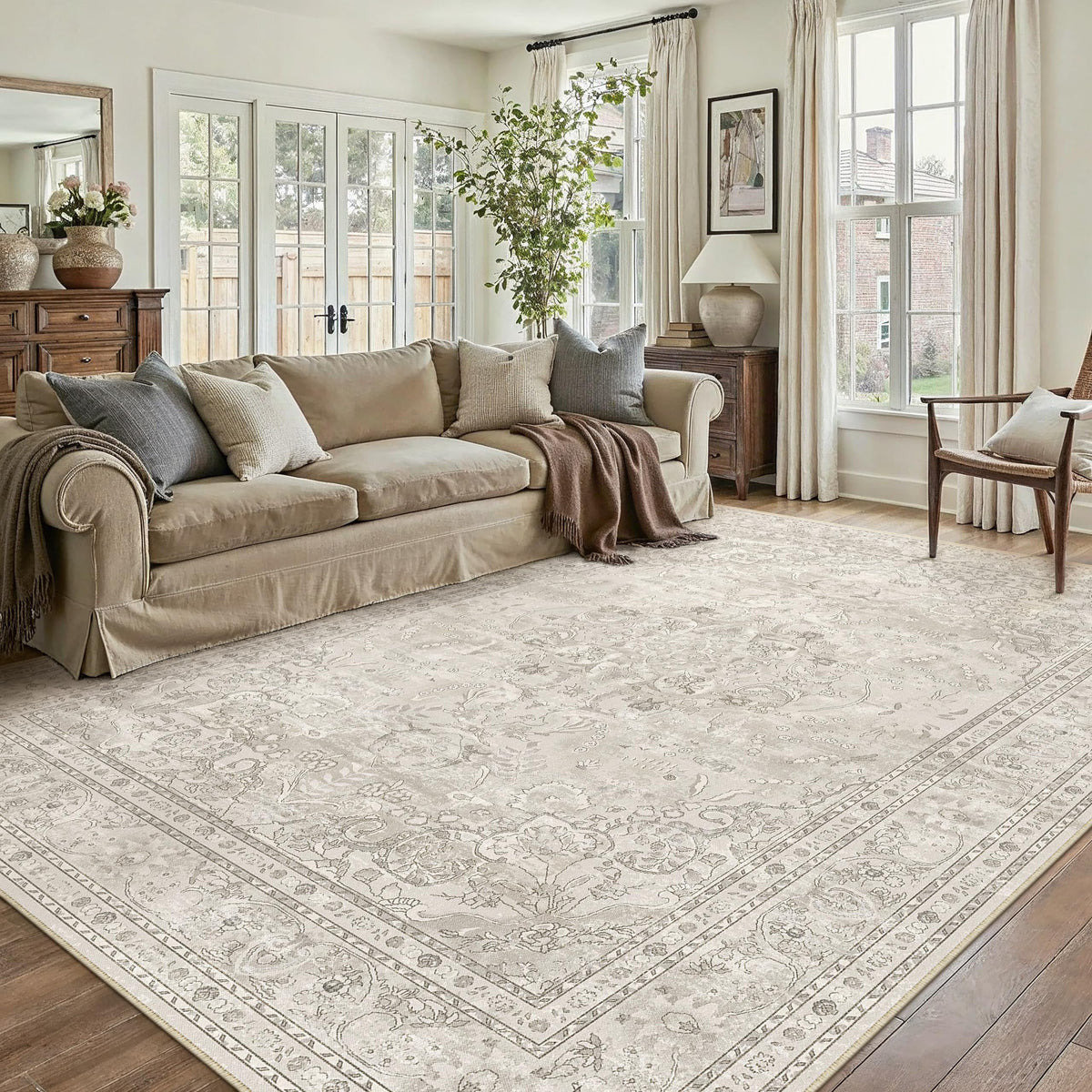 PureCozy 8x10 Blue Area Rug Washable Non Slip Large Vintage Living Room