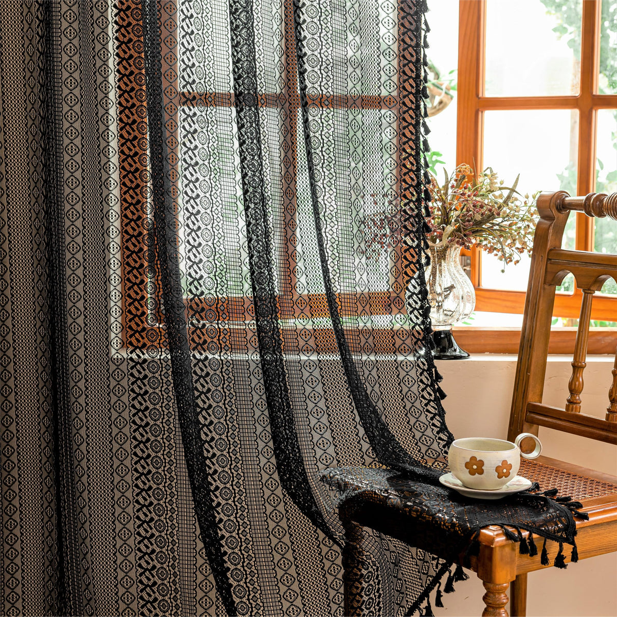 Sutuo Home Terracotta Boho Lace Curtains 2 Panels 84 Inches Long for Living Room&Bedroom, Burnt Orange Crochet Privacy Farmhouse Vintage Tassels Retro Halloween Window Sheer Curtains Rod Pocket,50" W