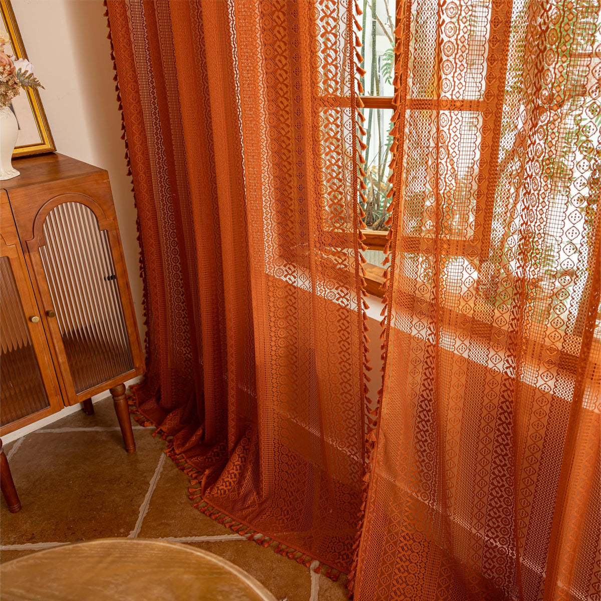 Sutuo Home Terracotta Boho Lace Curtains 2 Panels 84 Inches Long for Living Room&Bedroom, Burnt Orange Crochet Privacy Farmhouse Vintage Tassels Retro Halloween Window Sheer Curtains Rod Pocket,50" W