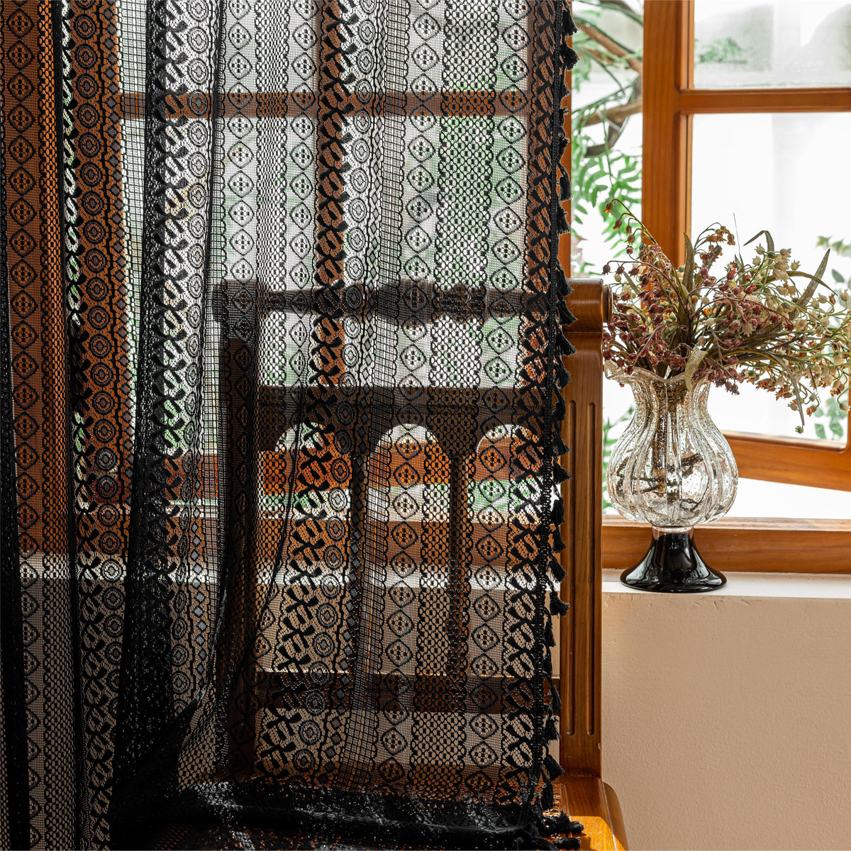 Sutuo Home Terracotta Boho Lace Curtains 2 Panels 84 Inches Long for Living Room&Bedroom, Burnt Orange Crochet Privacy Farmhouse Vintage Tassels Retro Halloween Window Sheer Curtains Rod Pocket,50" W